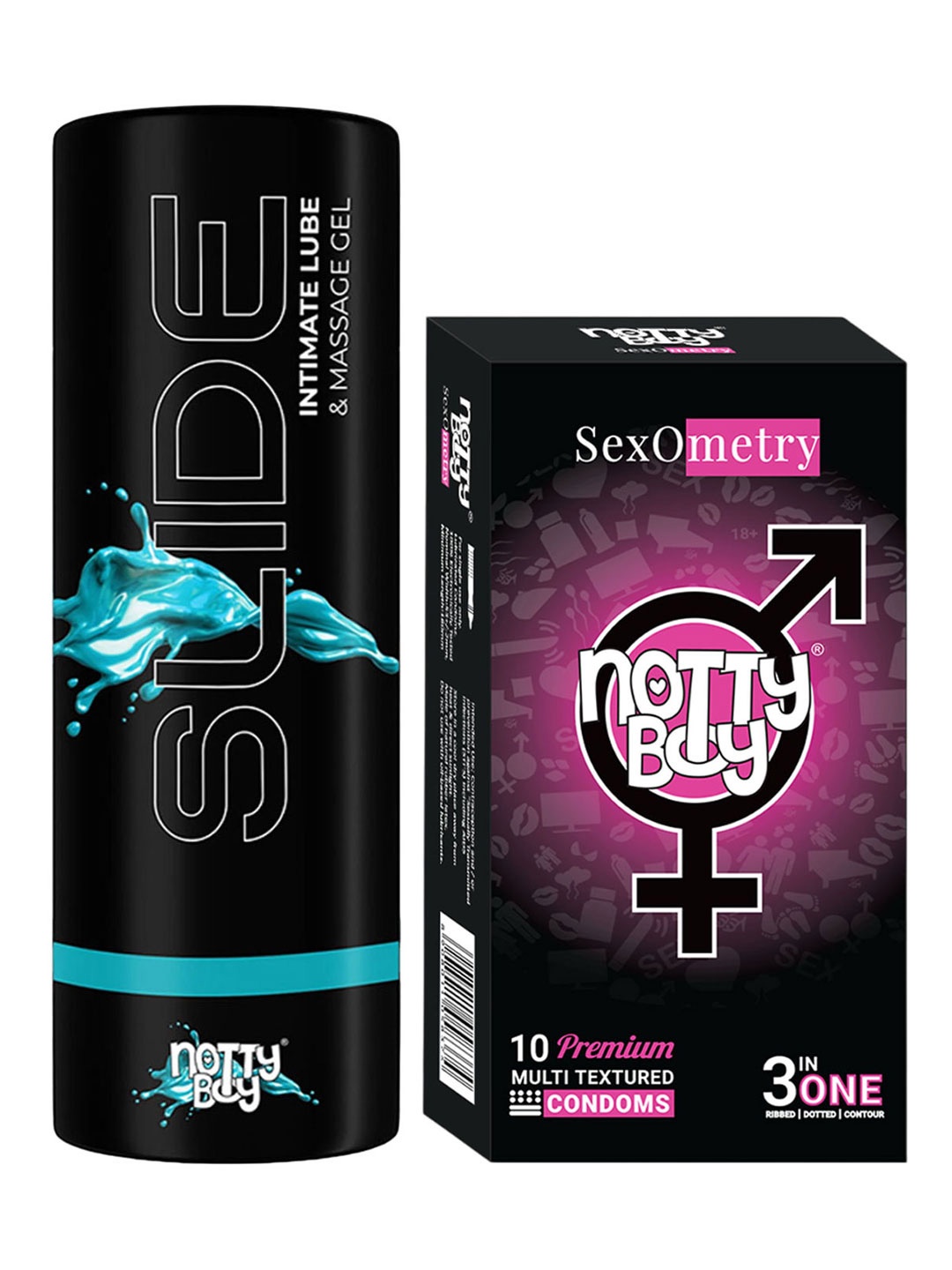 

noTTy Boy Slide Water Based Lubricant-100 ml & 3 In One Condoms - 10pcs, White