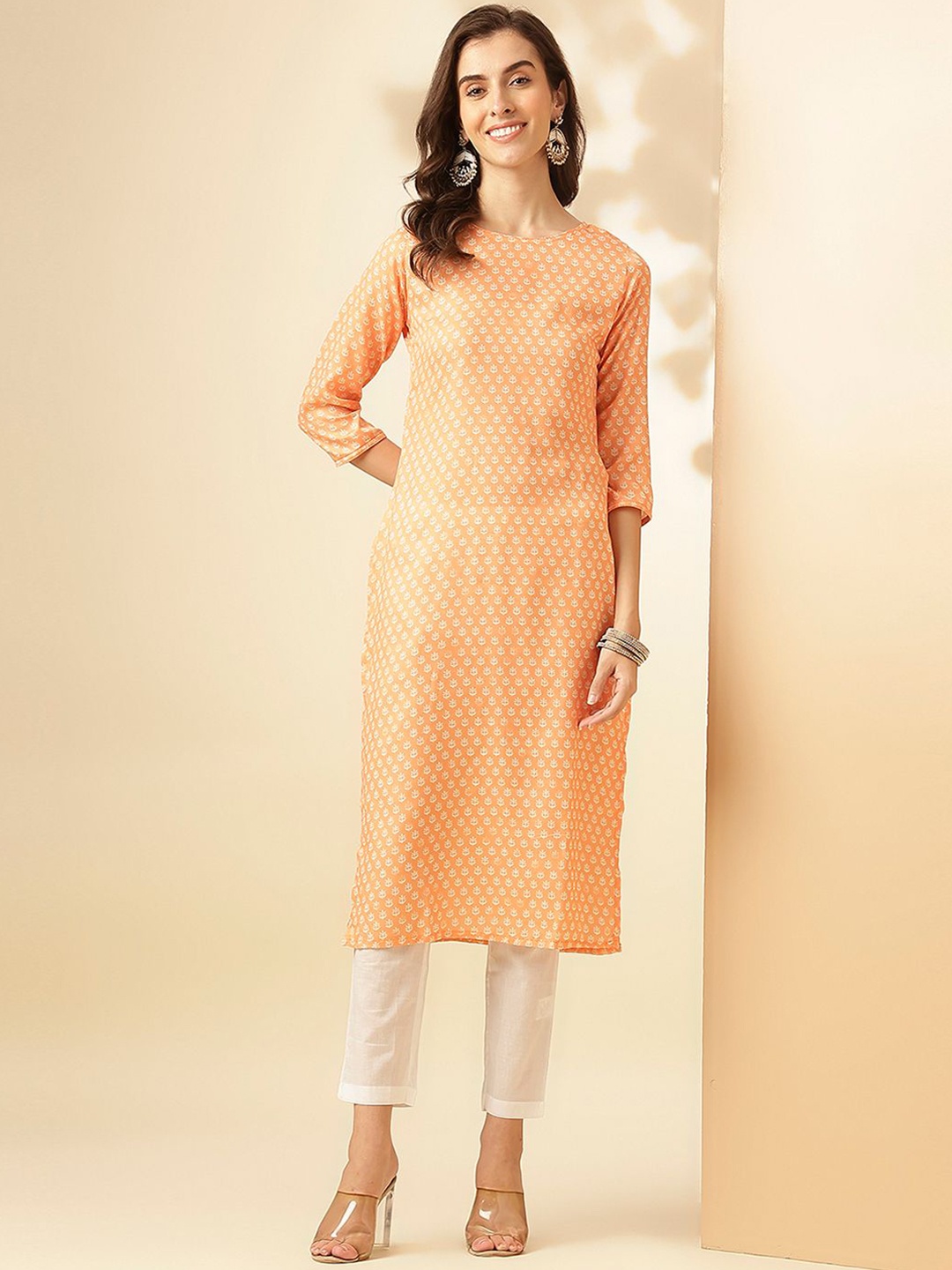 

KALINI Ethnic Motifs Printed Regular Pure Cotton Kurta with Trousers, Peach