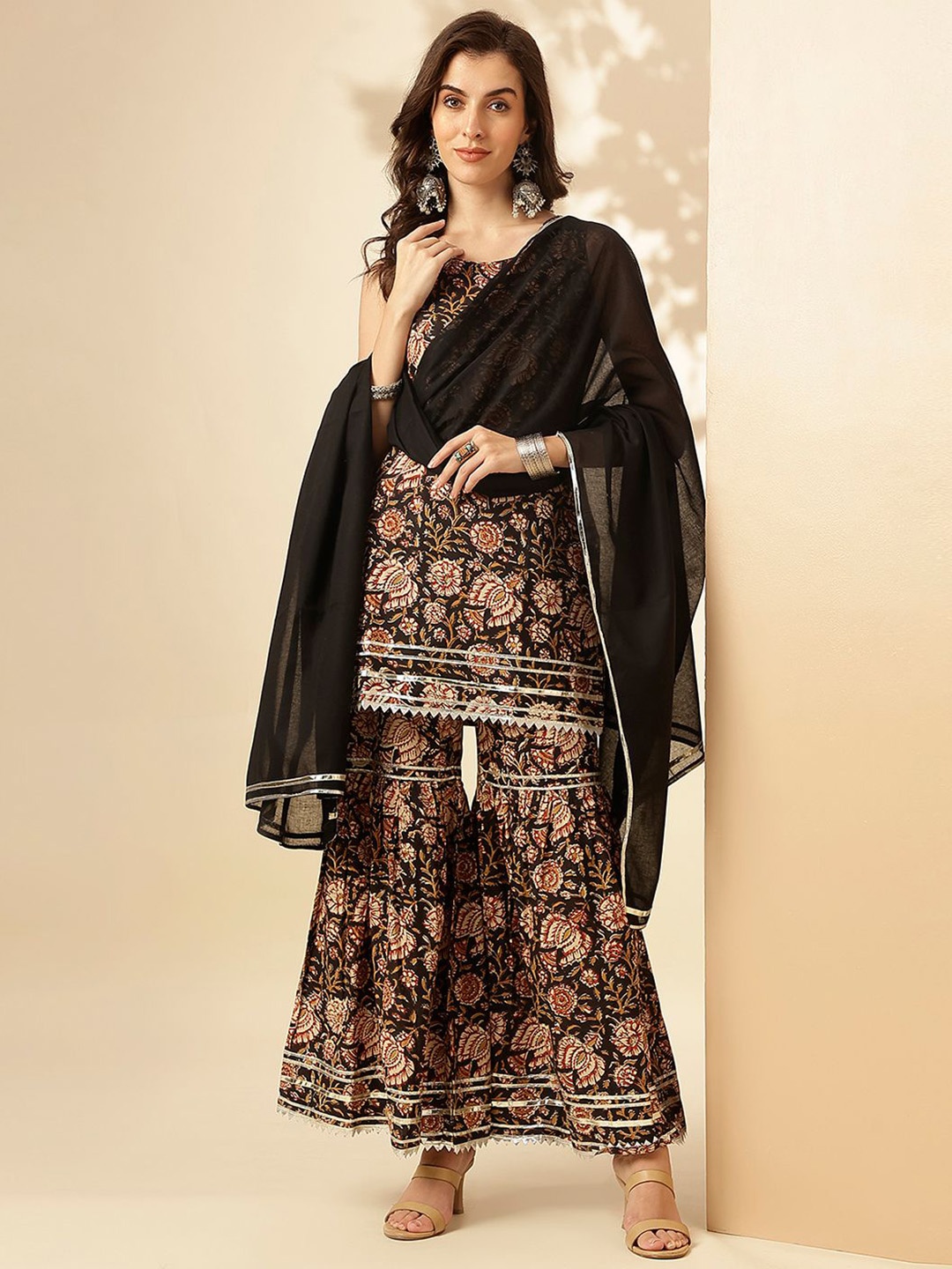 

KALINI Floral Printed Regular Gotta Patti Pure Cotton Kurta ,Sharara & Dupatta, Black