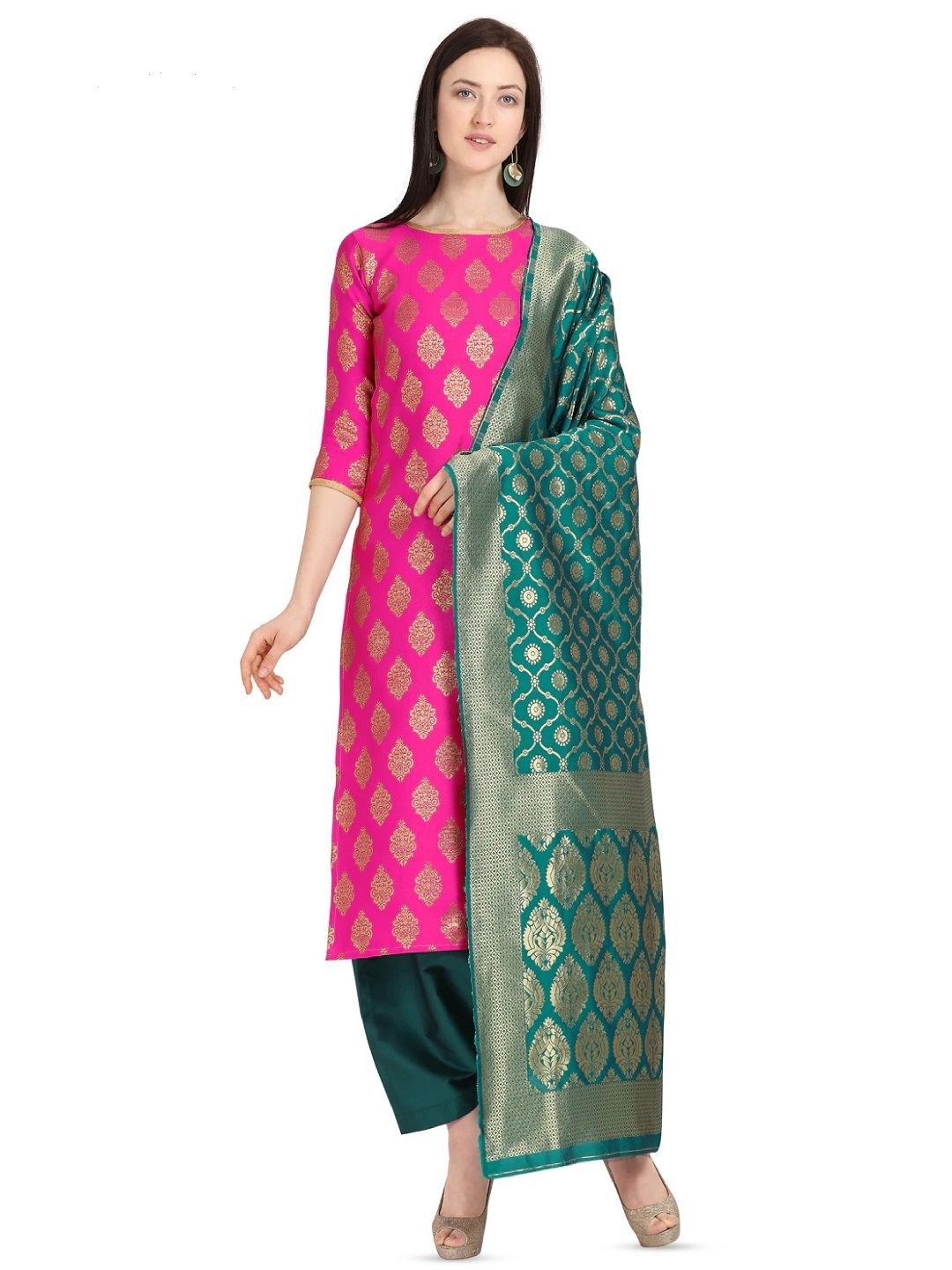 

KALINI Ethnic Motifs Printed Zari Unstitched Dress Material, Pink