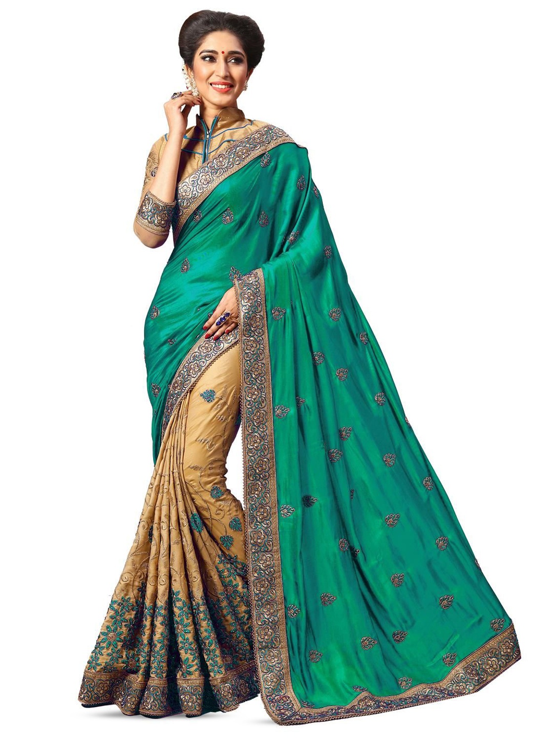 

Trendmalls Embellished Beads and Stones Satin Half and Half Saree, Green