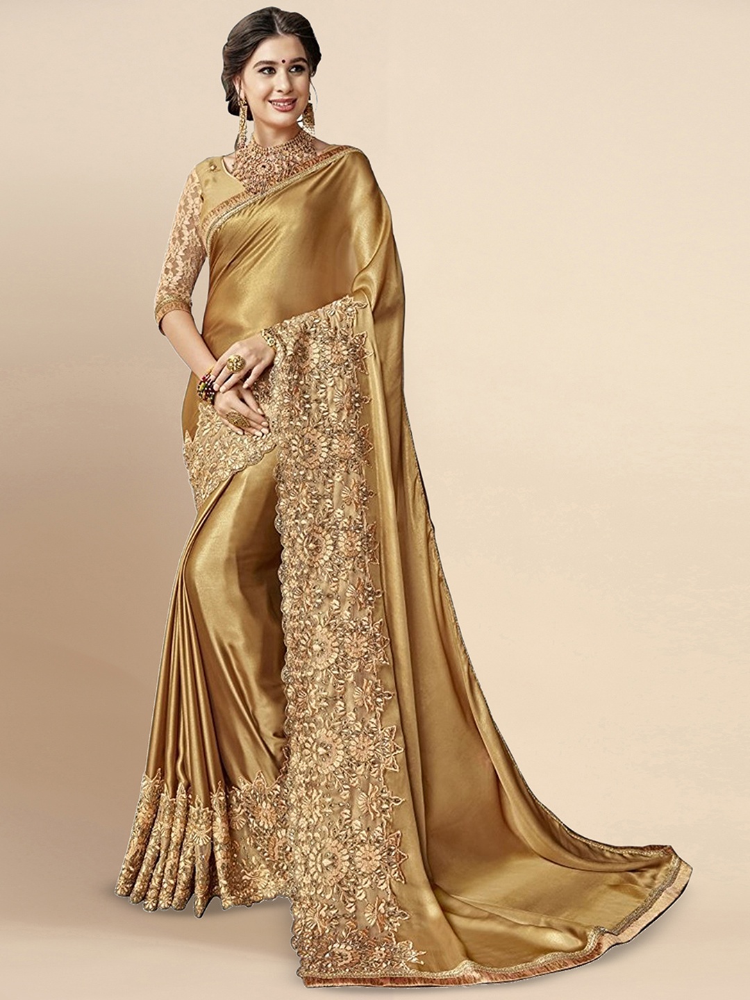 

Trendmalls Embroidered Saree, Gold