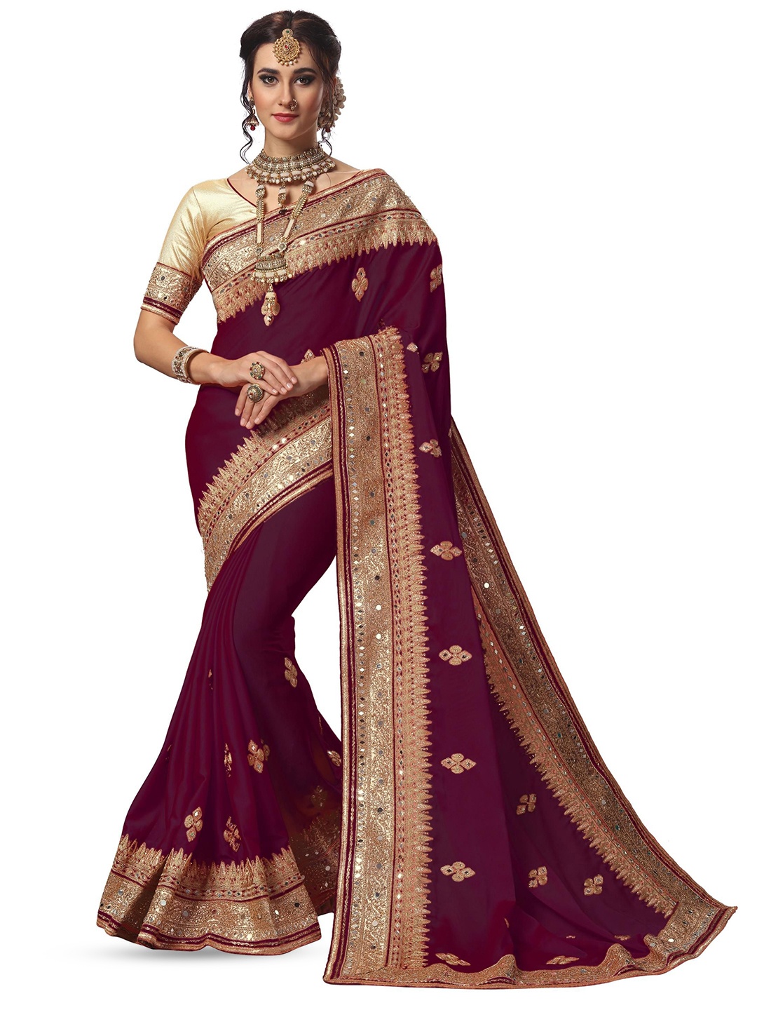 

Trendmalls Ethnic Motifs Embroidered Satin Saree, Purple