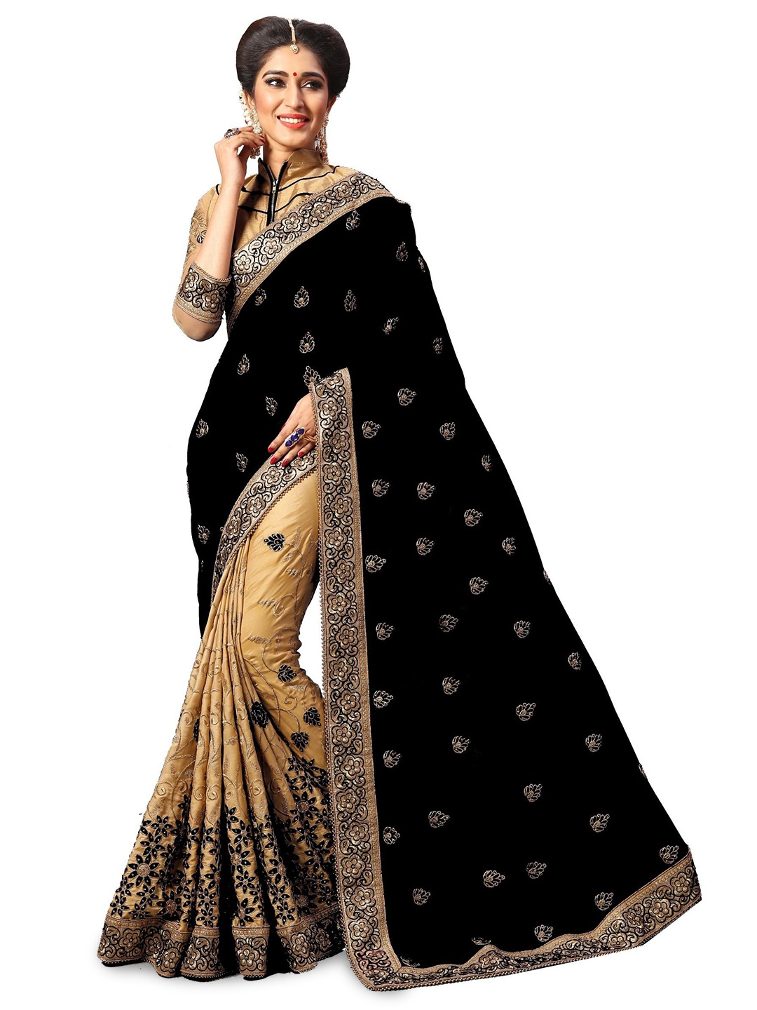 

Trendmalls Floral Embroidered Satin Half and Half Saree, Black