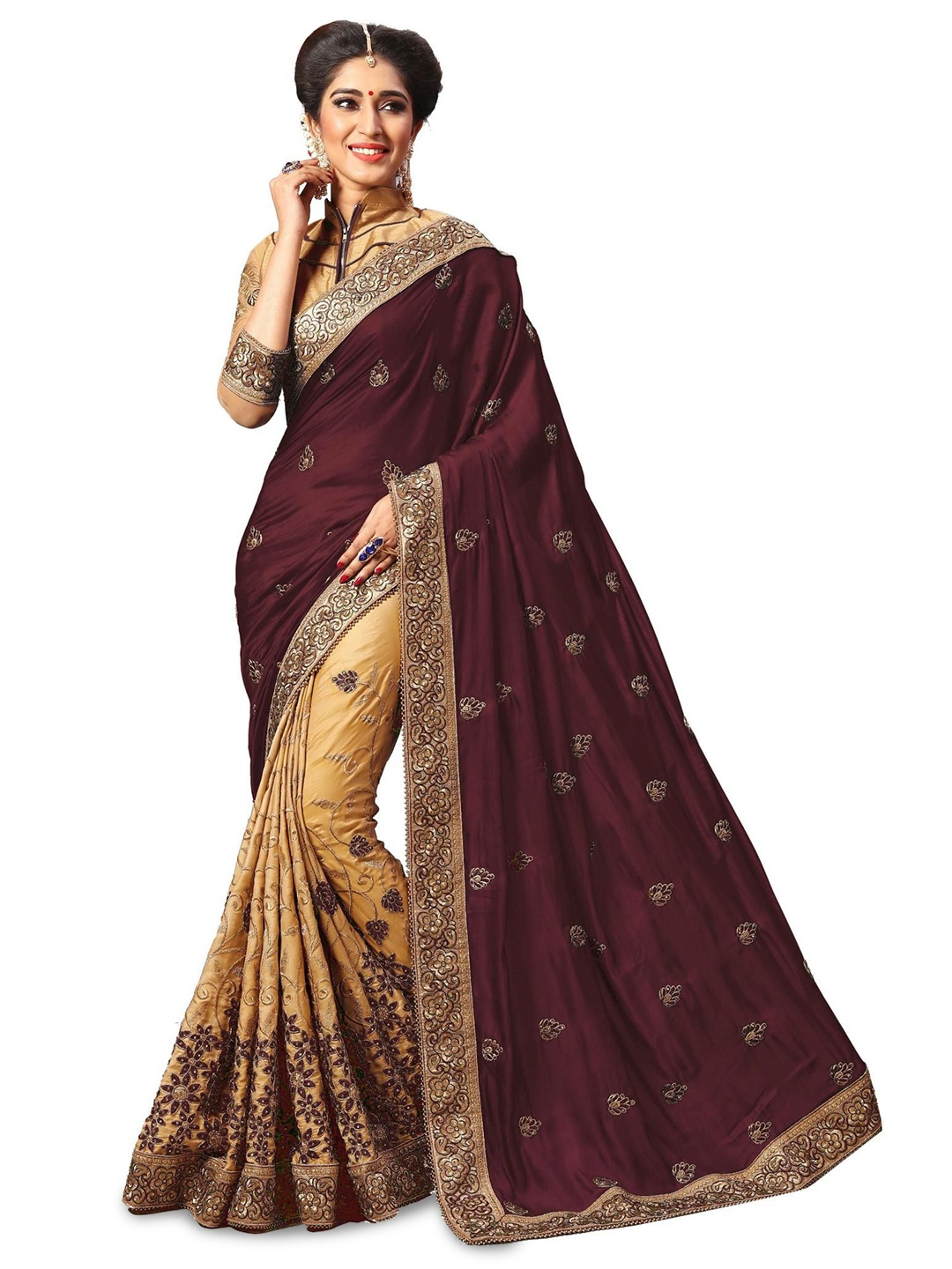 

Trendmalls Embellished Beads and Stones Satin Half and Half Saree, Brown