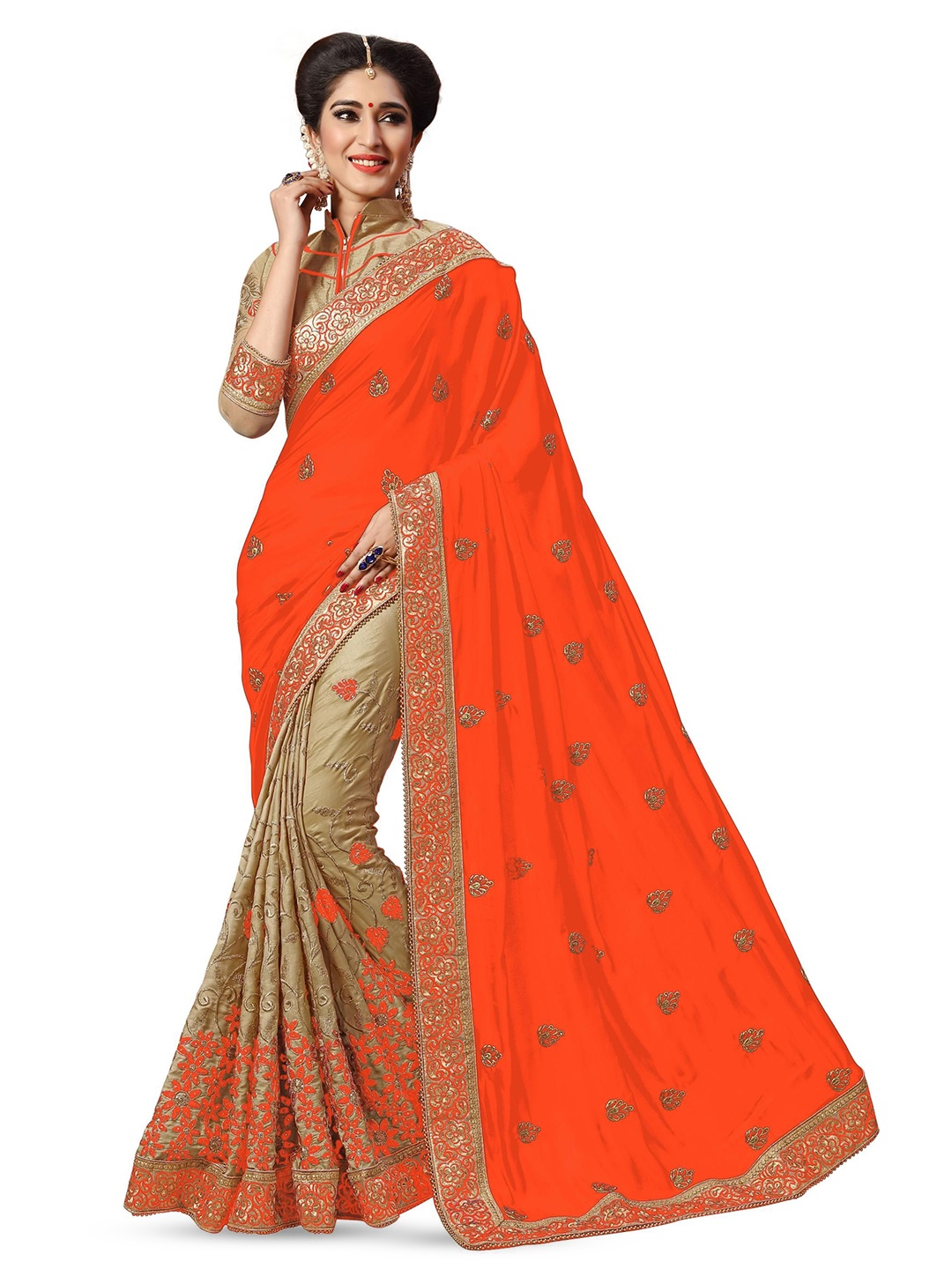 

Trendmalls Floral Embroidered Satin Half and Half Saree, Orange