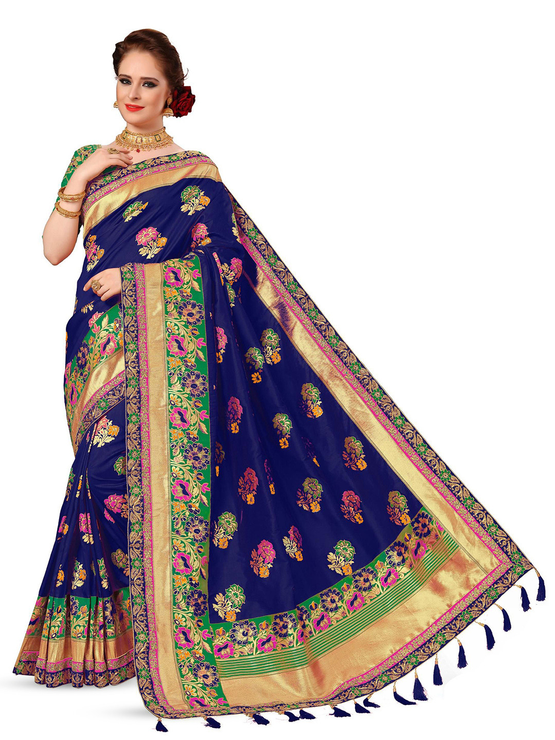 

Trendmalls Embroidered Floral Pure Silk Saree, Blue