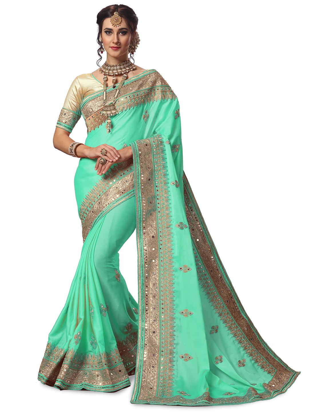 

Trendmalls Embroidered Satin Saree With Blouse Piece, Turquoise blue