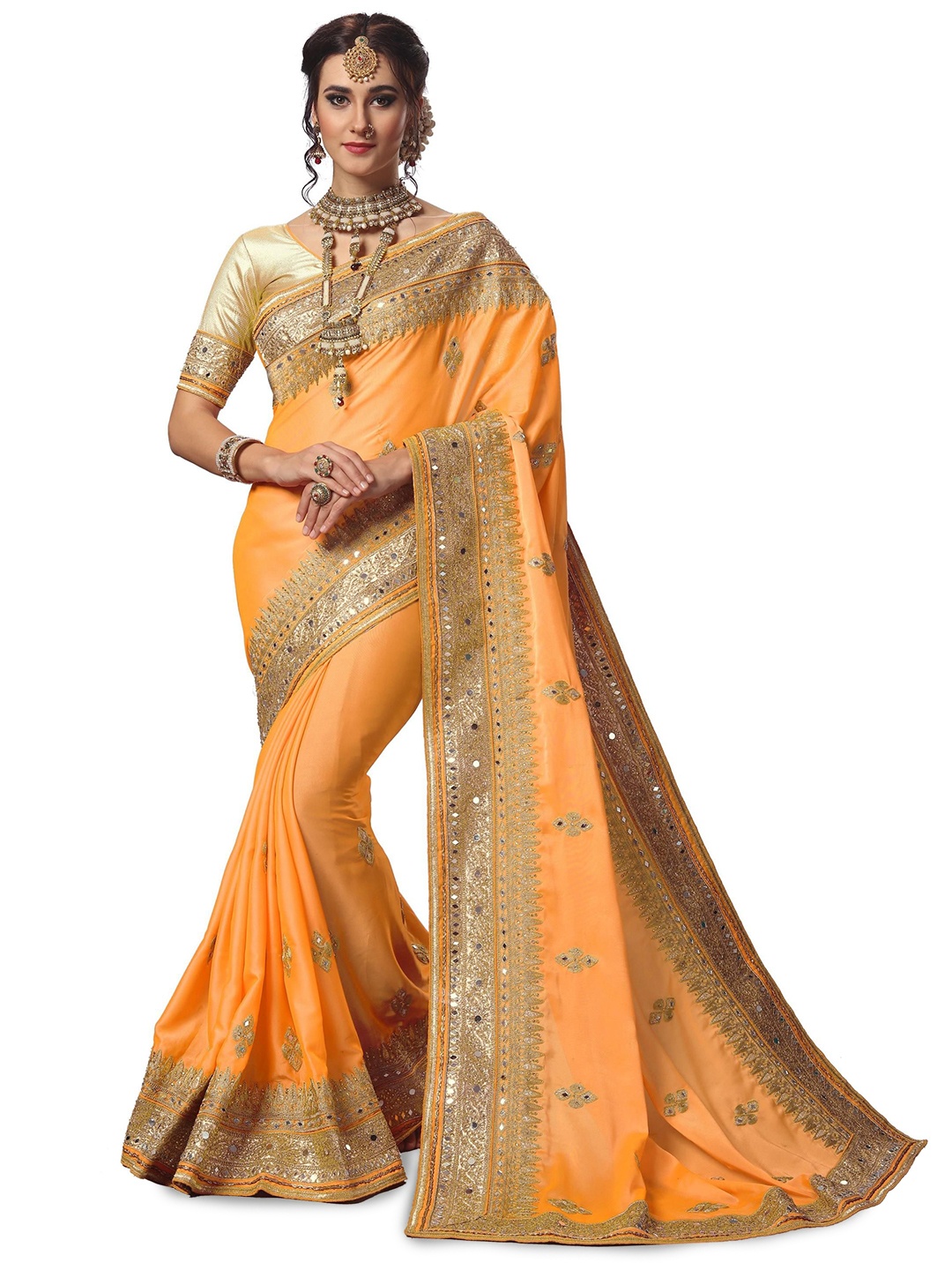 

Trendmalls Ethnic Motifs Embroidered Satin Saree, Yellow