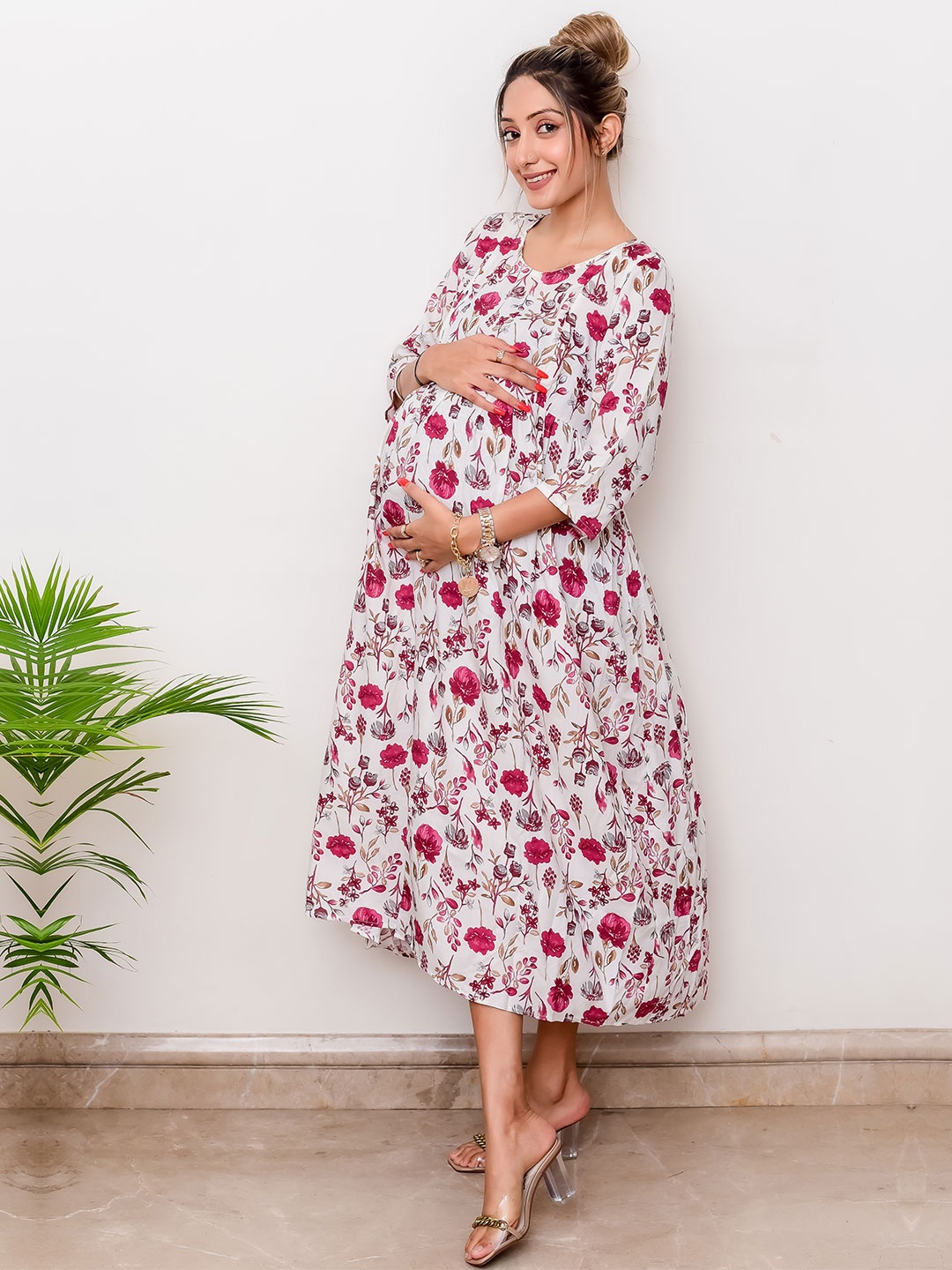 

LA FURBO Women Floral Print Maternity Fit & Flare Midi Dress, White