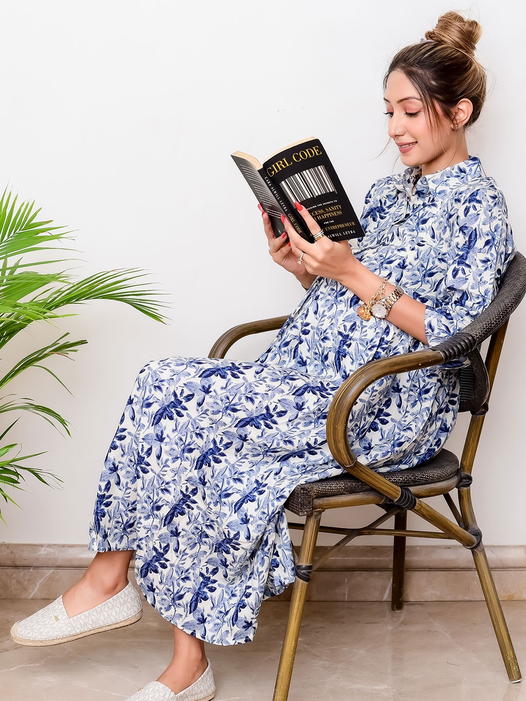 

LA FURBO Floral Print Maternity Shirt Midi Dress, White