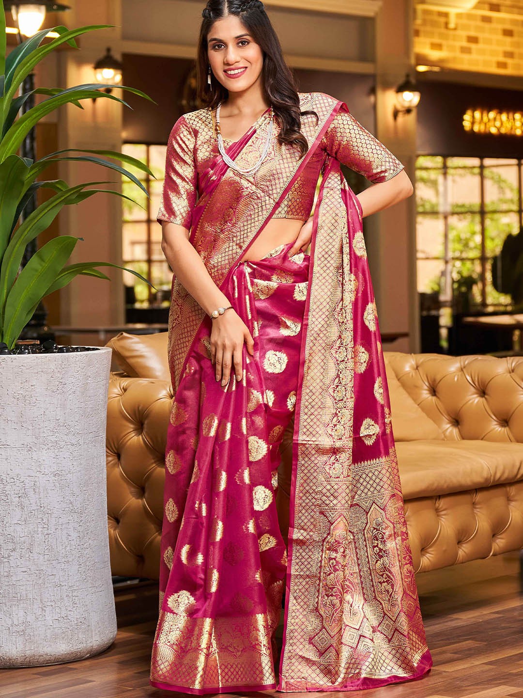 

KALINI Floral Zari Organza Saree, Pink