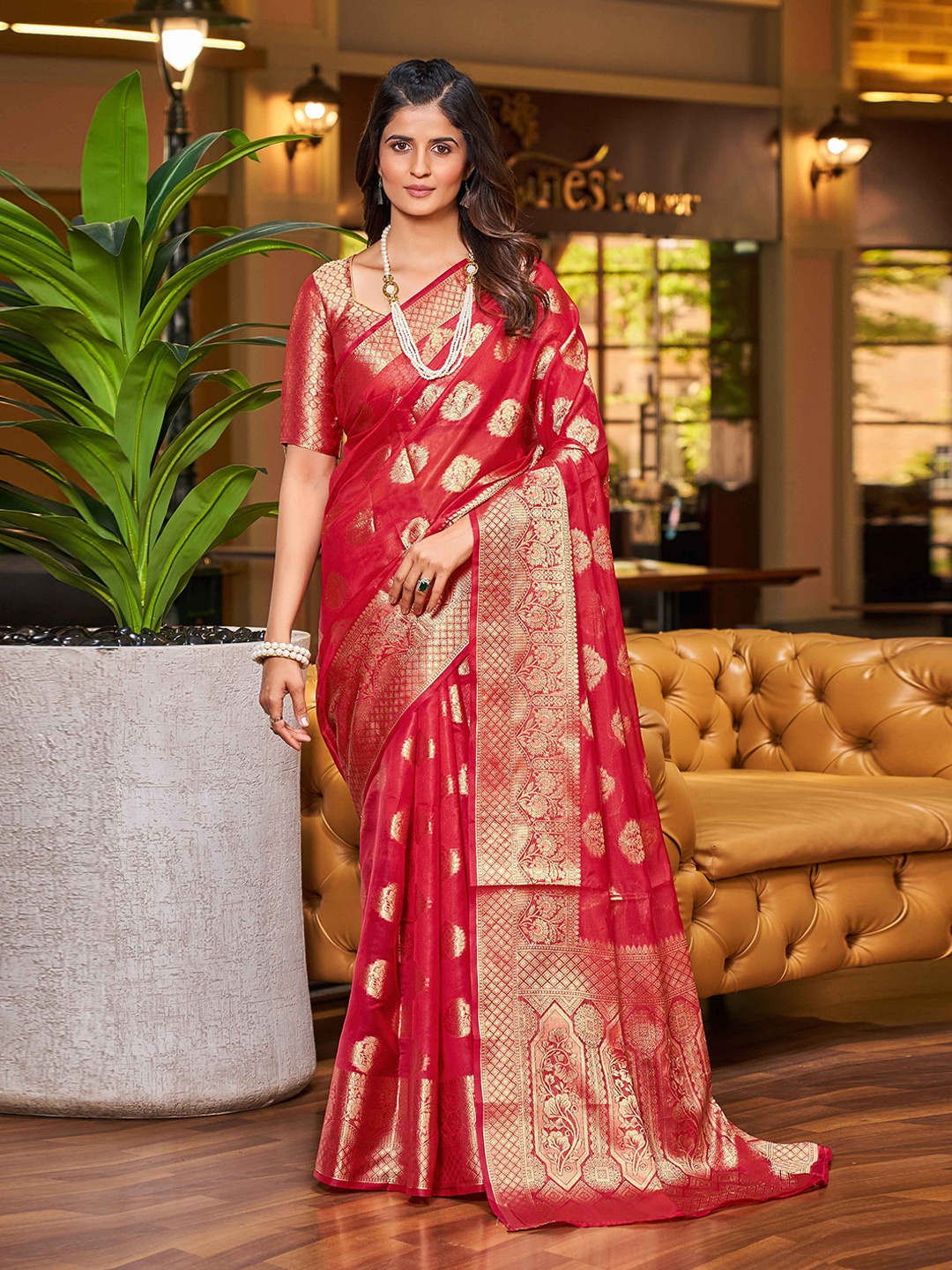 

KALINI Ethnic Motifs Zari Organza Saree, Red