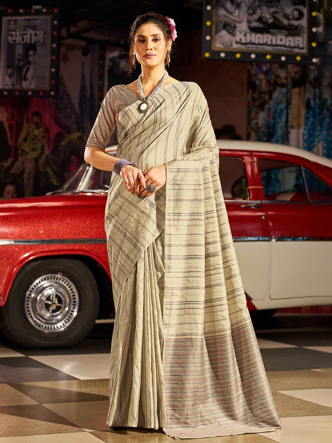 

KALINI Striped Woven Design Saree, Beige