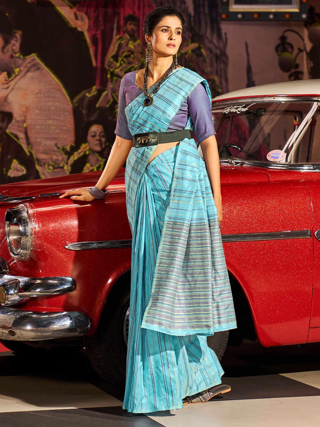 

KALINI Striped Saree, Turquoise blue