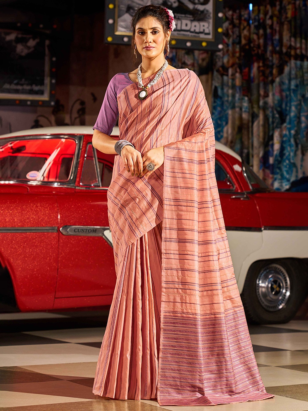 

KALINI Striped Saree, Pink