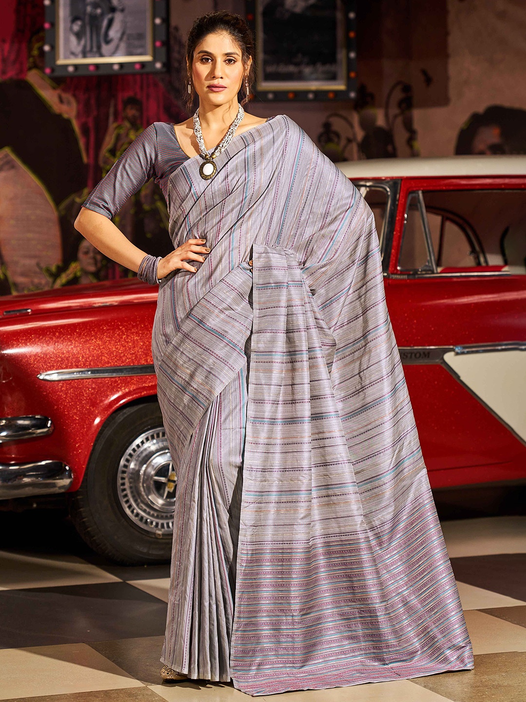 

KALINI Striped Saree, Grey