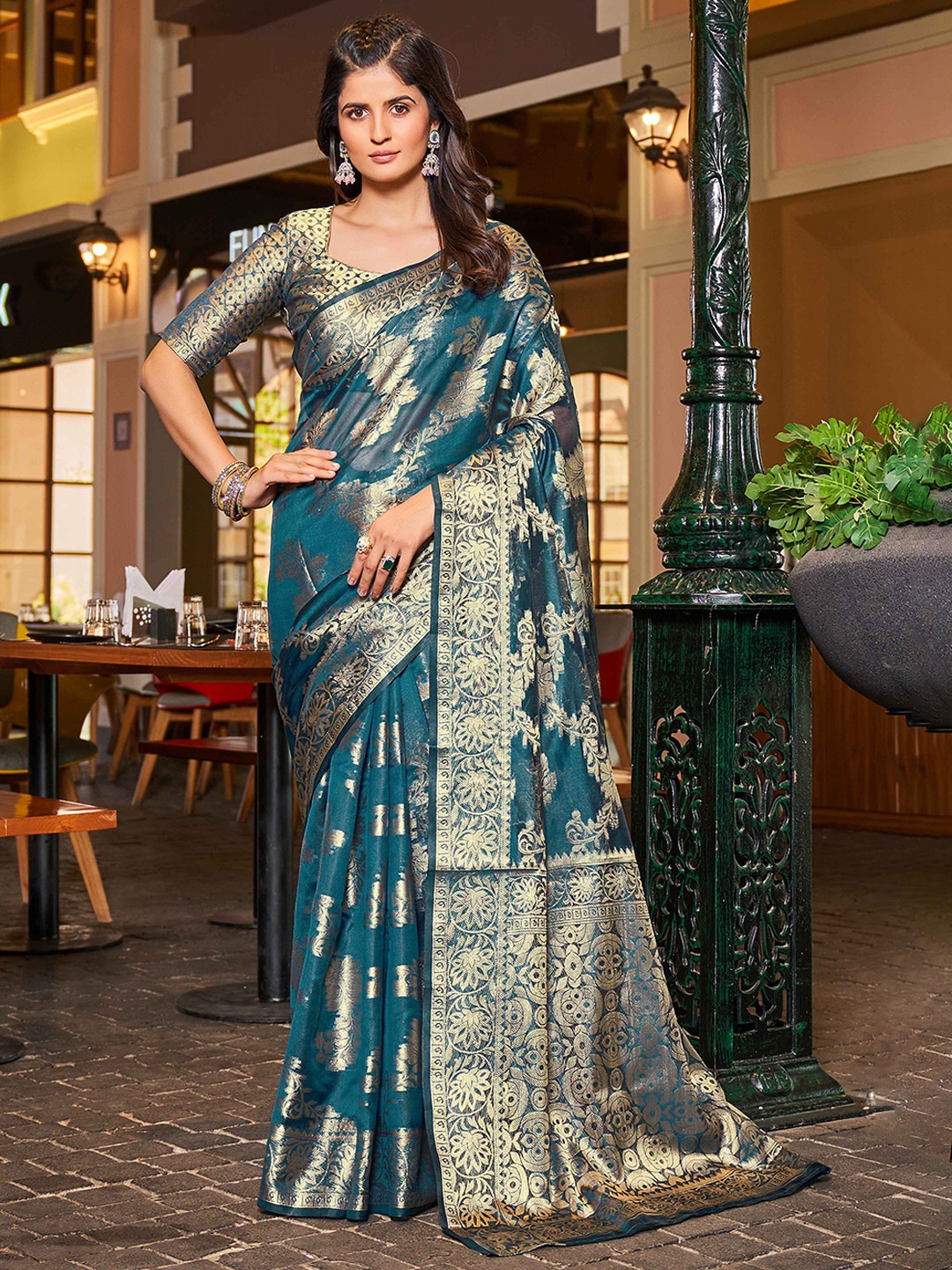 

KALINI Woven Design Zari Organza Saree, Blue