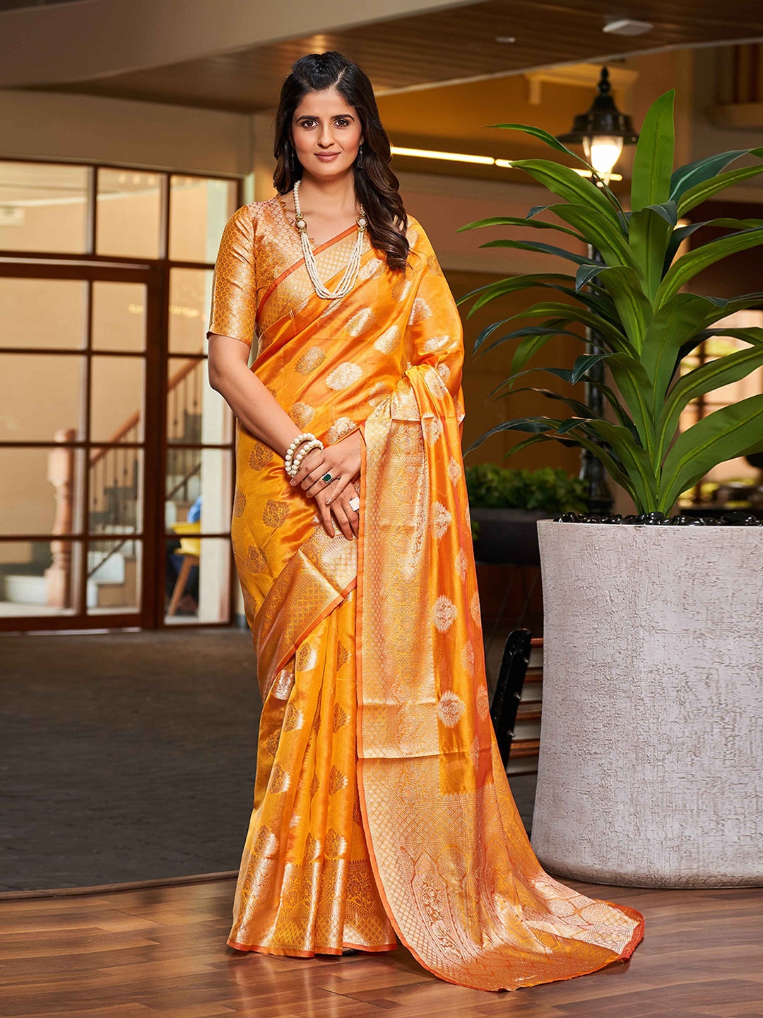 

KALINI Ethnic Motifs Zari Organza Saree, Yellow