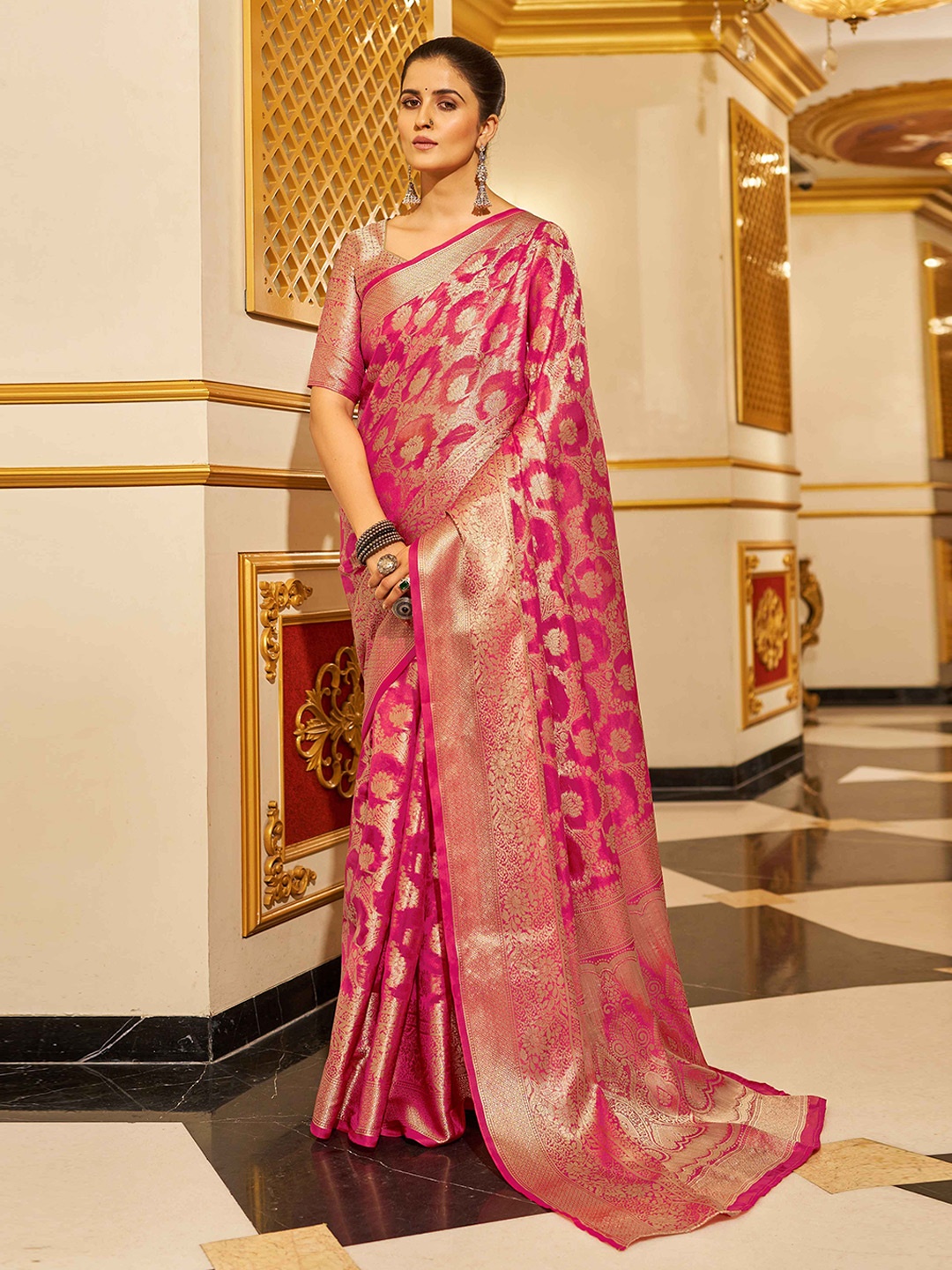 

KALINI Woven Design Zari Organza Saree, Pink