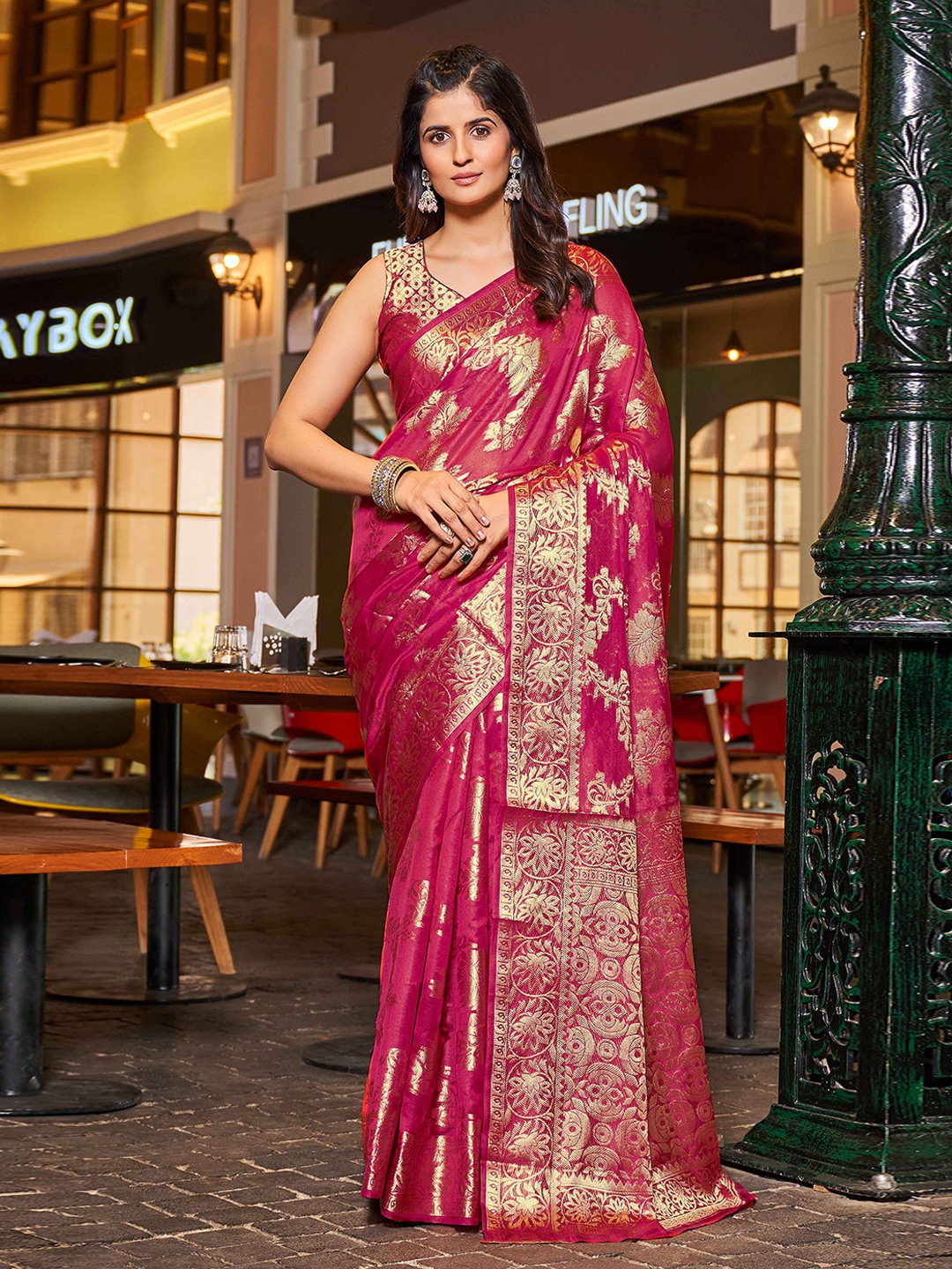 

KALINI Floral Woven Design Zari Organza Saree, Pink
