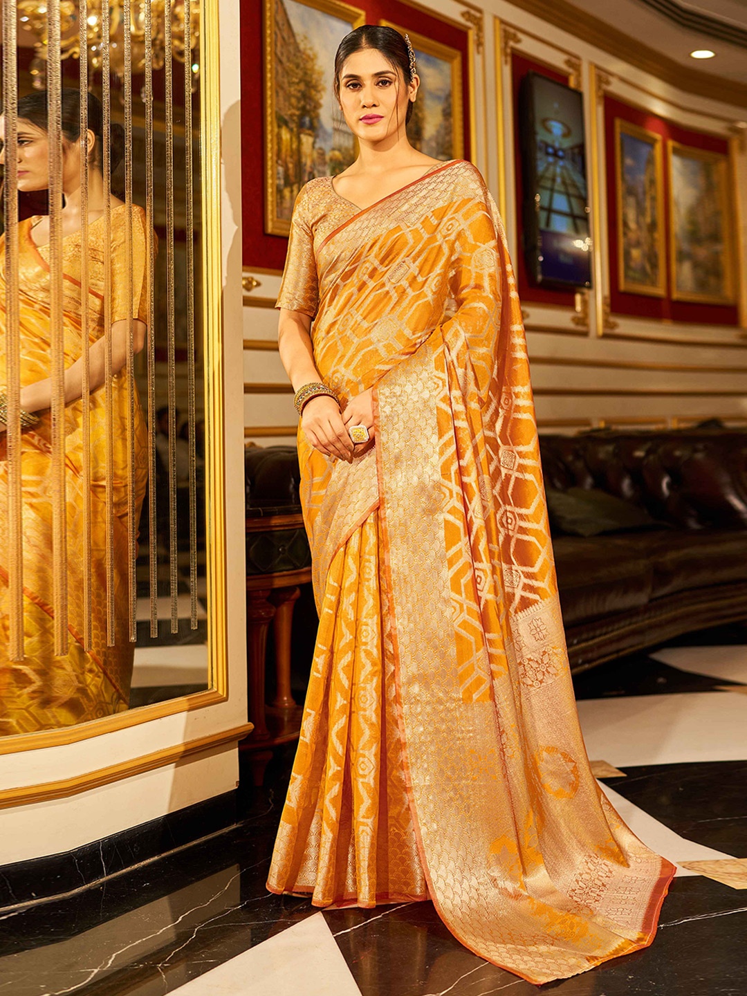 

KALINI Printed Woven Design Zari Organza Saree, Yellow