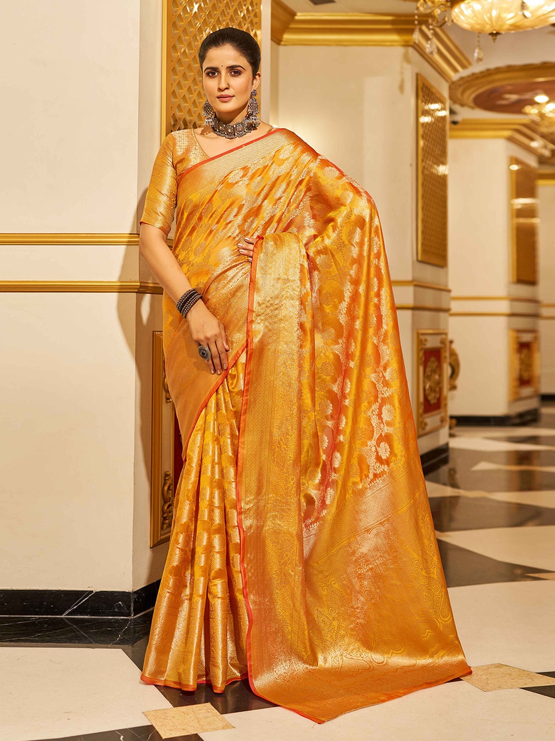 

KALINI Woven Design Zari Organza Saree, Yellow