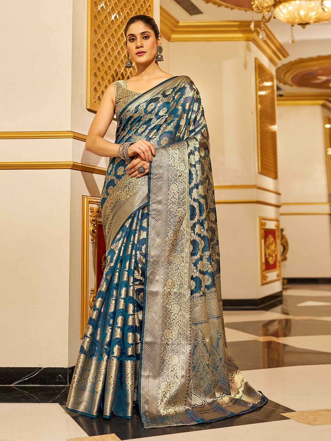 

KALINI Floral Zari Organza Saree, Turquoise blue