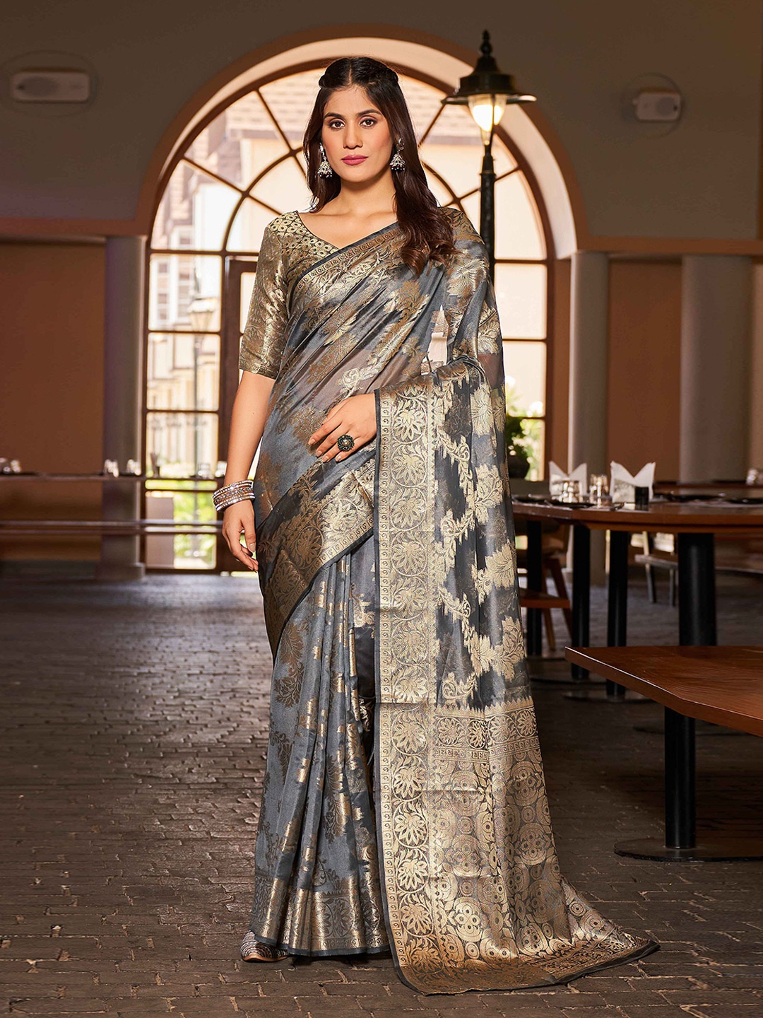 

KALINI Woven Design Zari Organza Saree, Grey