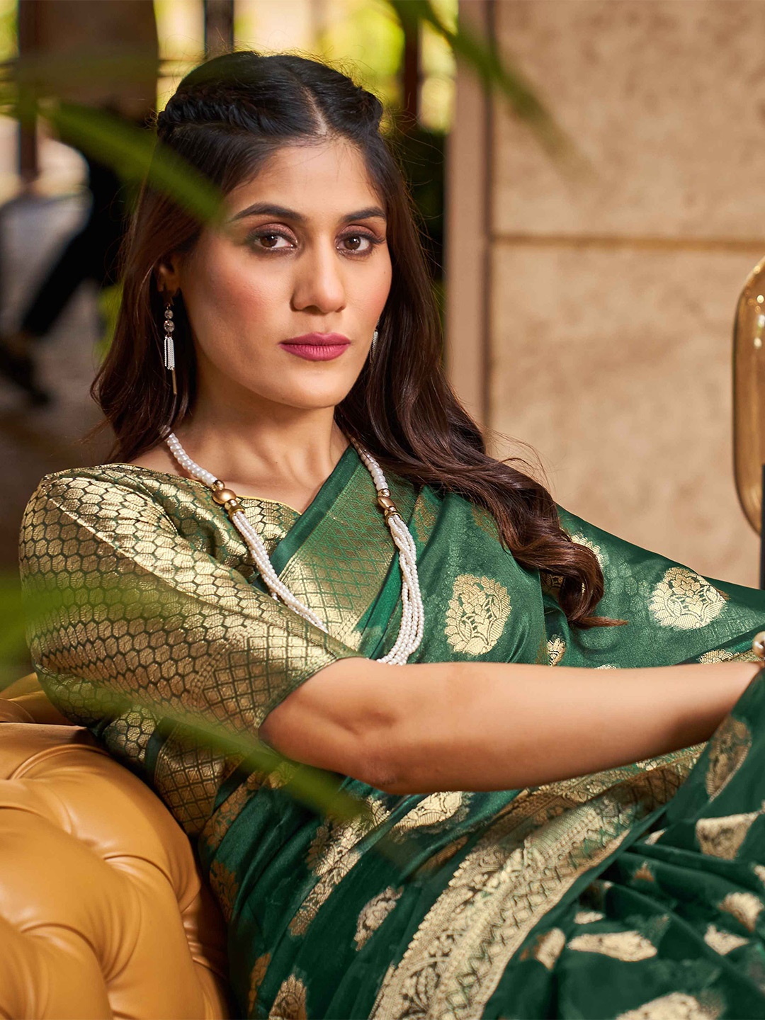 

KALINI Woven Design Zari Organza Saree, Olive