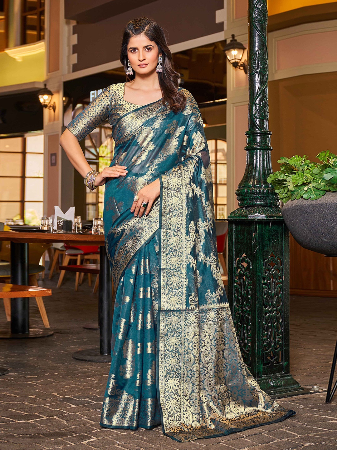 

KALINI Floral Zari Organza Saree, Turquoise blue