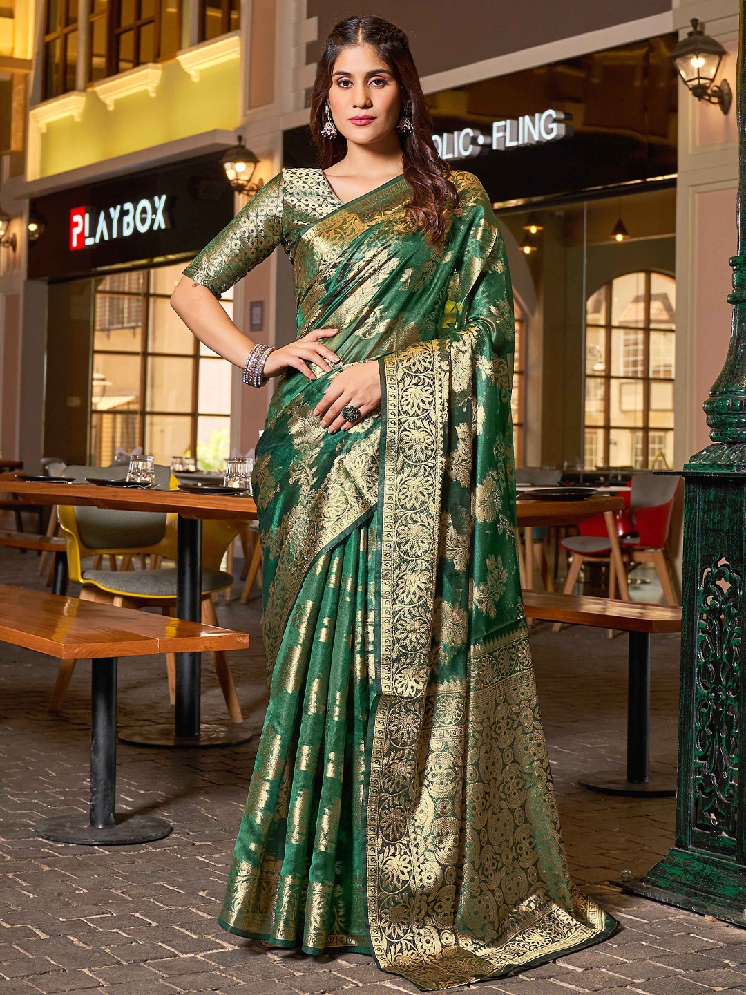 

KALINI Woven Design Zari Organza Saree, Green