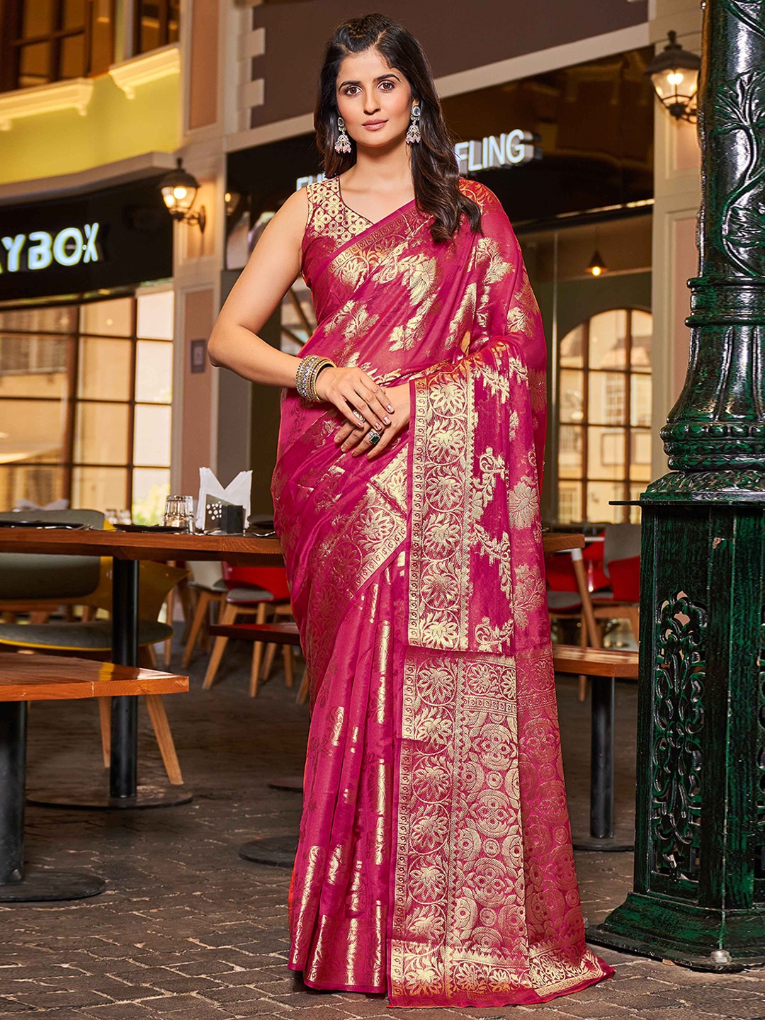 

KALINI Woven Design Zari Organza Saree, Pink