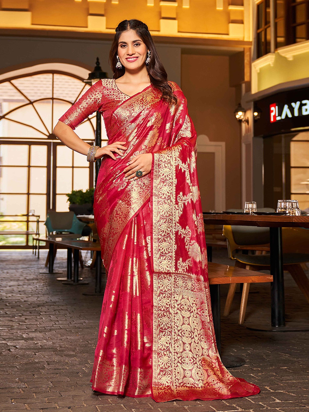 

KALINI Woven Design Zari Organza Saree, Red