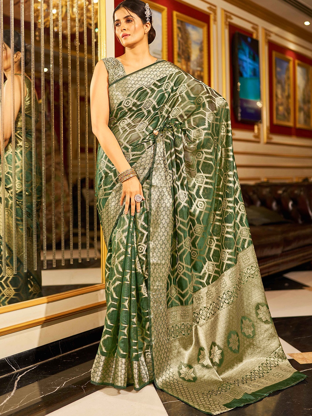 

KALINI Woven Design Zari Organza Saree, Olive