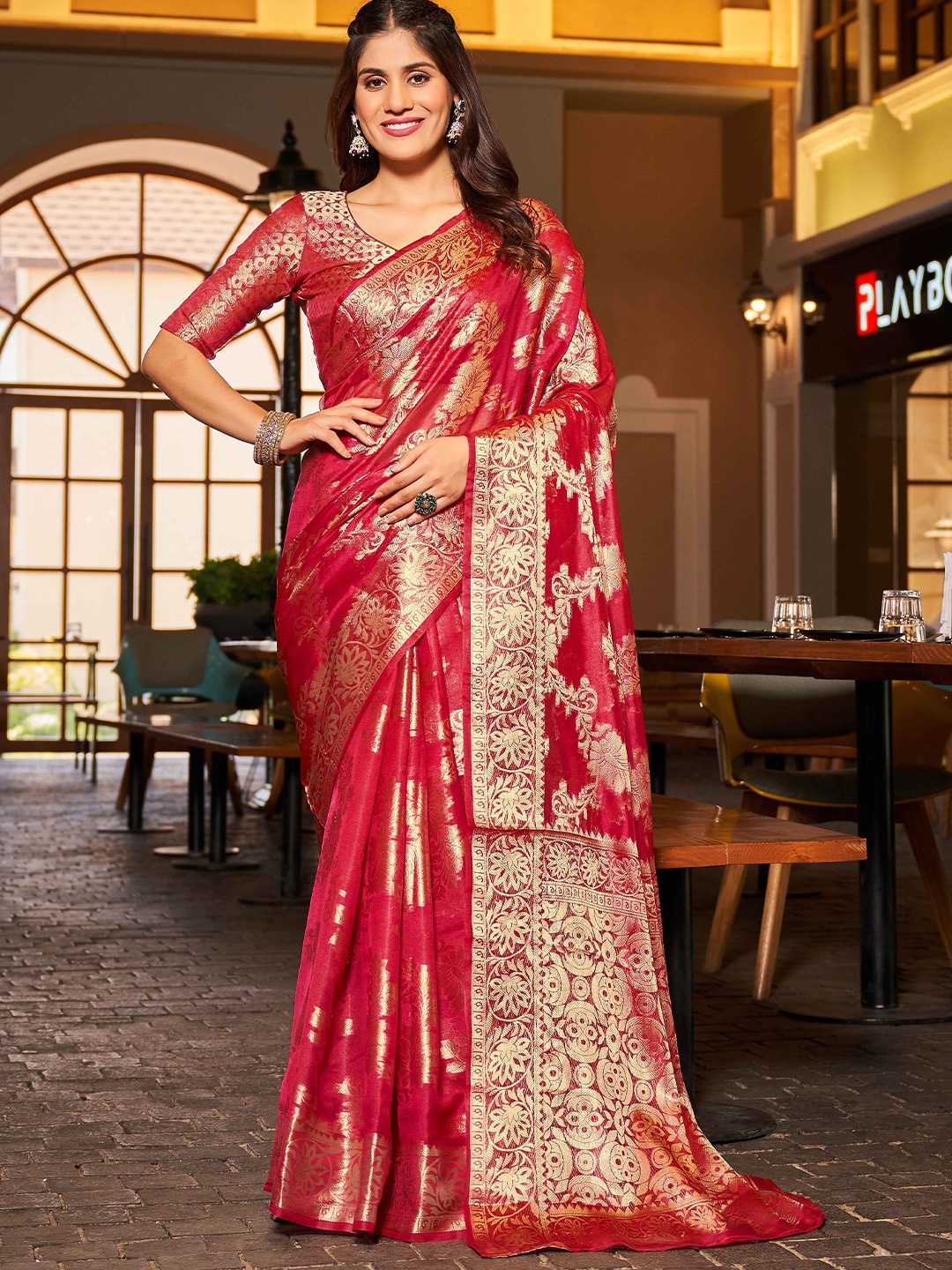 

KALINI Floral Zari Organza Saree, Red