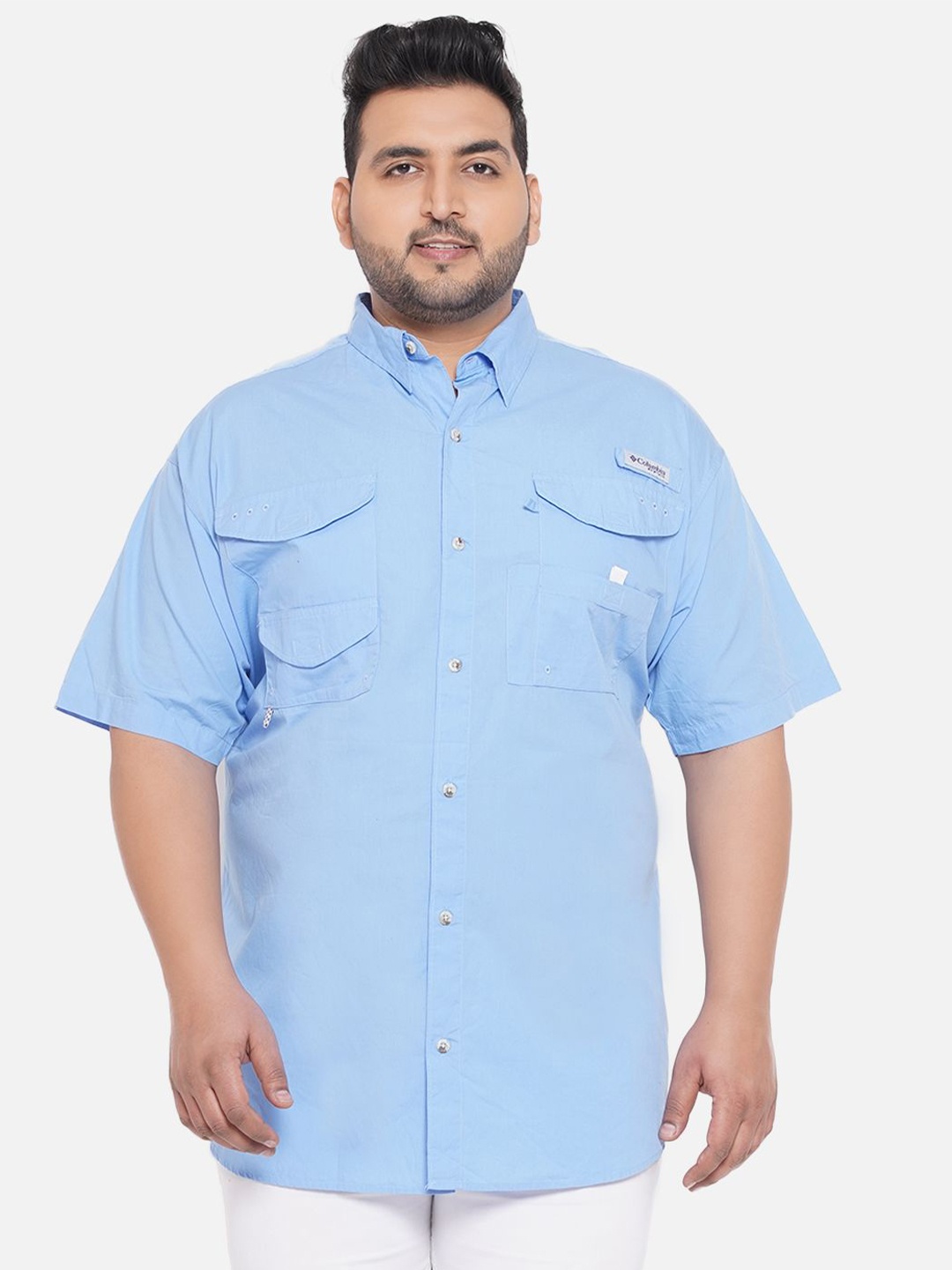 

Santonio Men plus Size Classic Solid Printed Spread Collar Casual Shirt, Blue