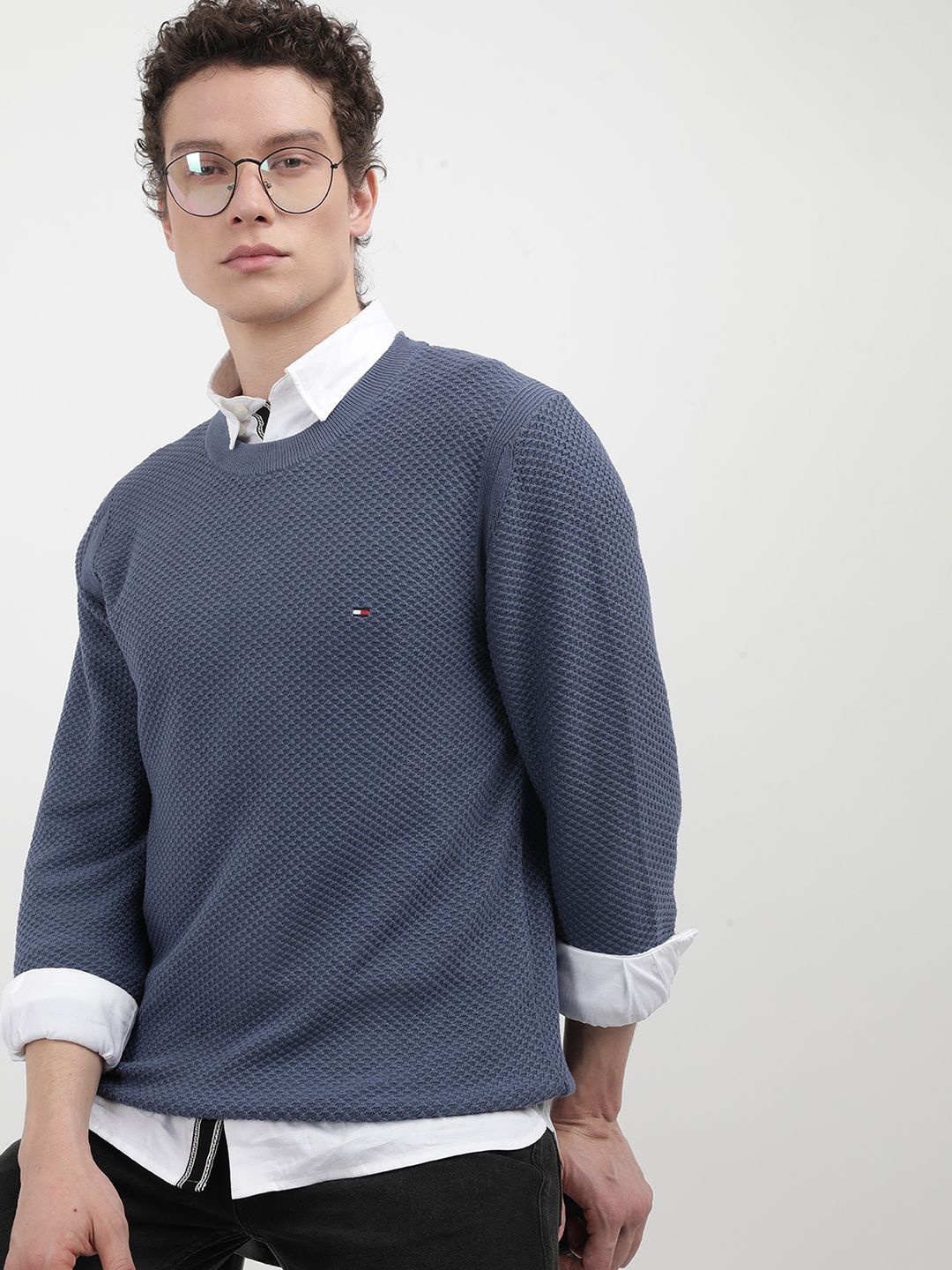 

Tommy Hilfiger Men Self Design Round Neck Pullover Sweater, Blue