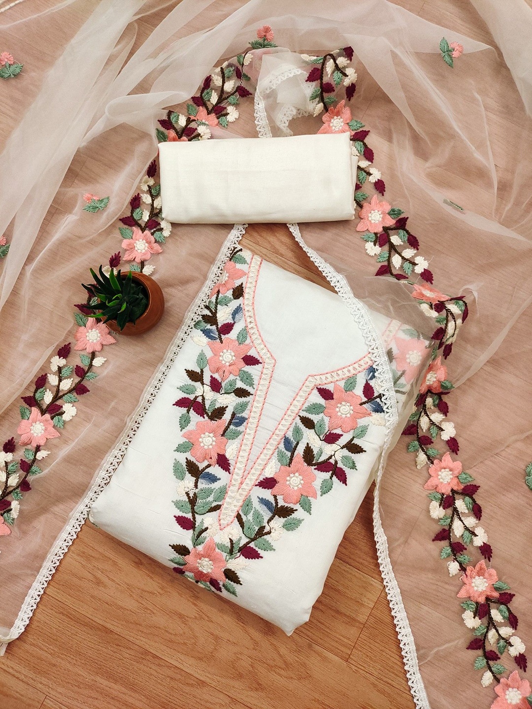 

KALINI Embroidered Unstitched Dress Material, White