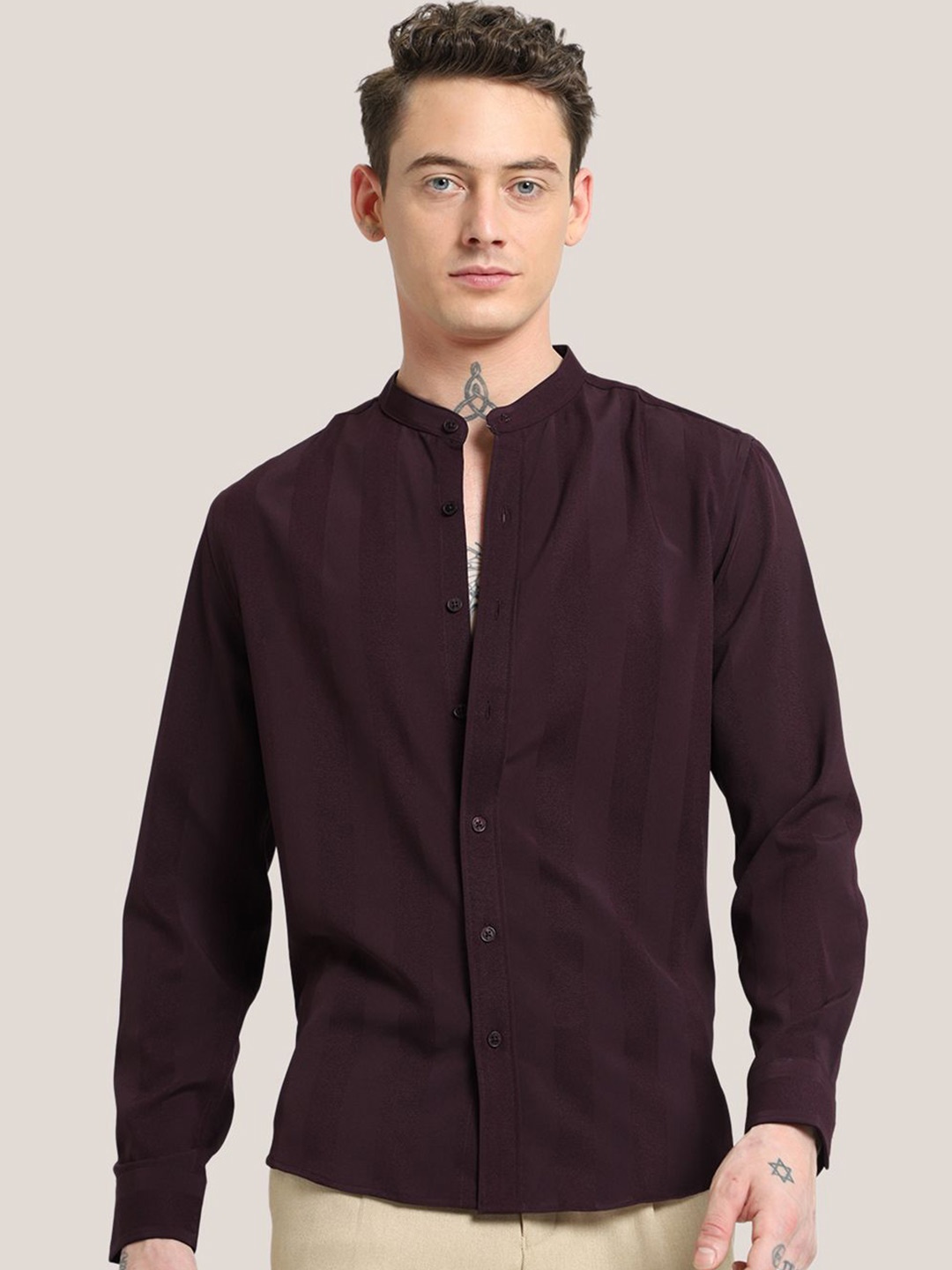 

Banana Club Men Slim Fit Band Collar Casual Solid Shirt, Champagne