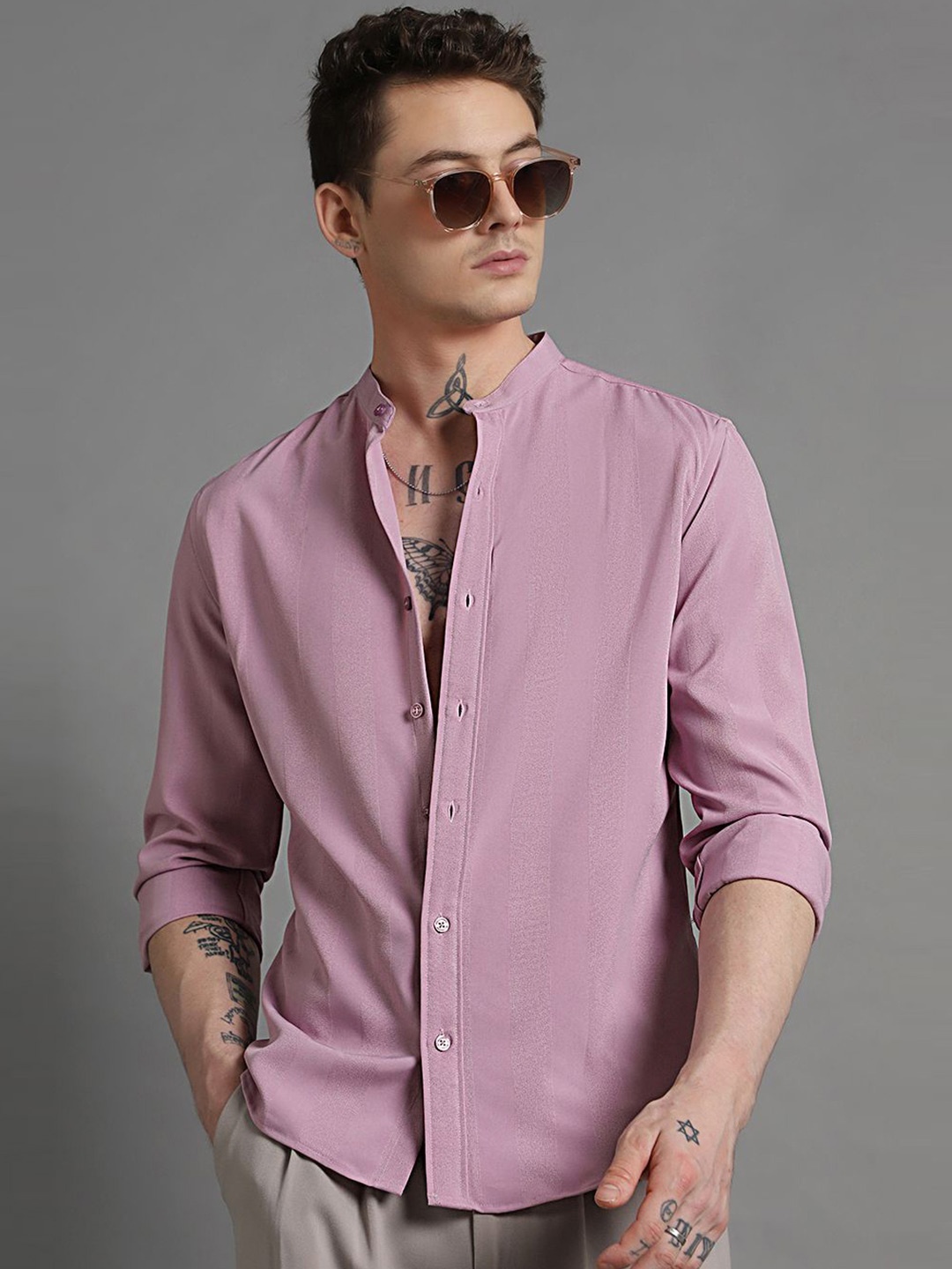 

Banana Club Men Slim Fit Band Collar Casual Solid Shirt, Pink