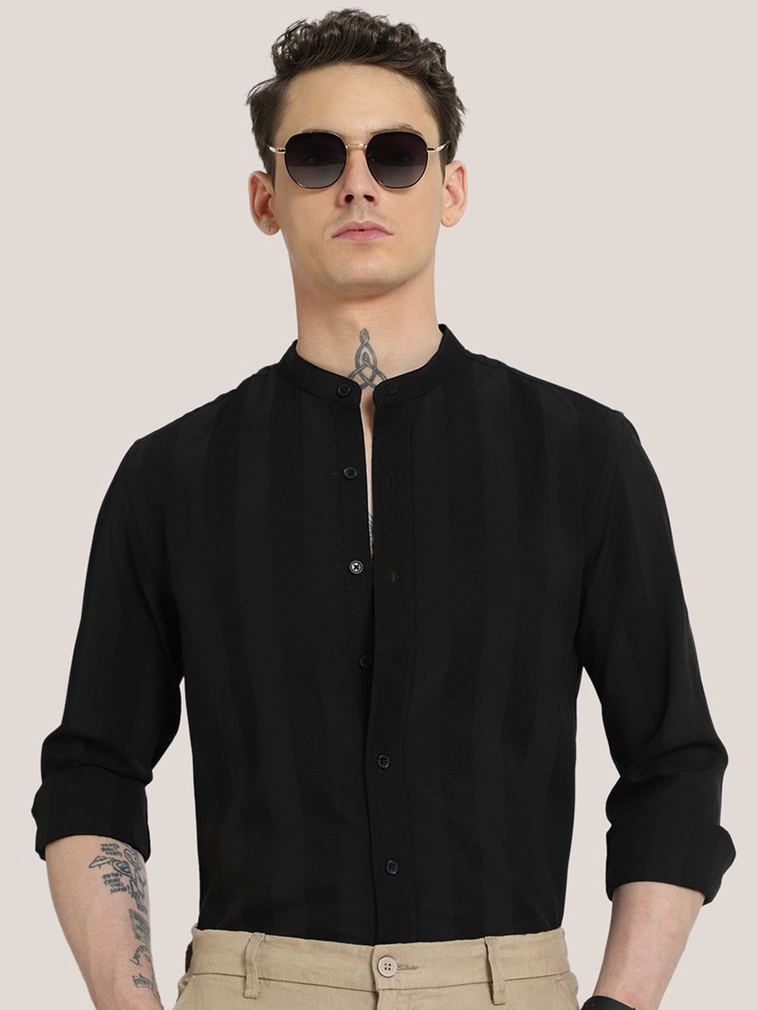 

Banana Club Men Slim Fit Band Collar Casual Solid Shirt, Black