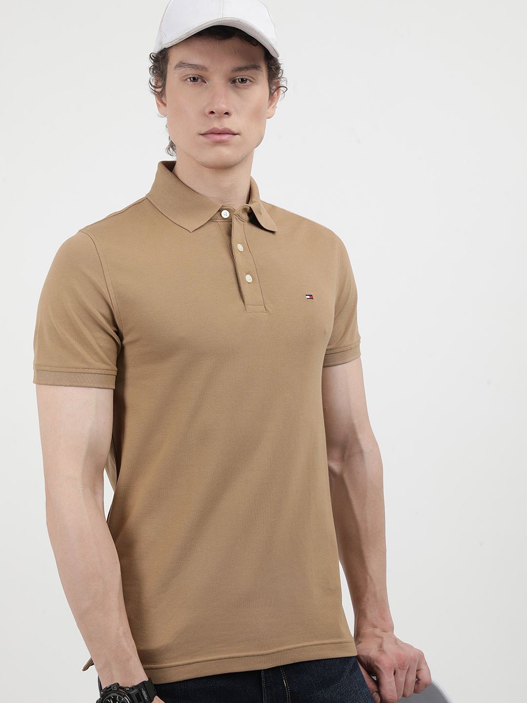 

Tommy Hilfiger Men Embroidered Polo Collar T-shirt, Tan