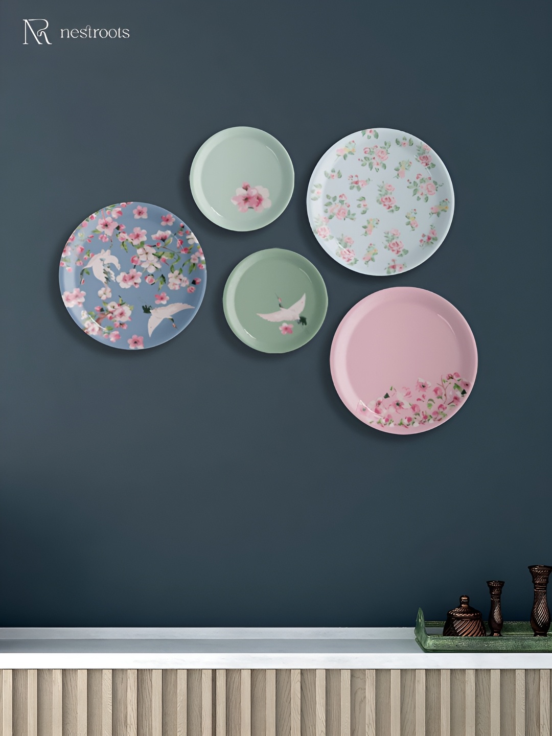 

nestroots Green & Pink 5 Pieces Floral Printed Wall Decor, Blue