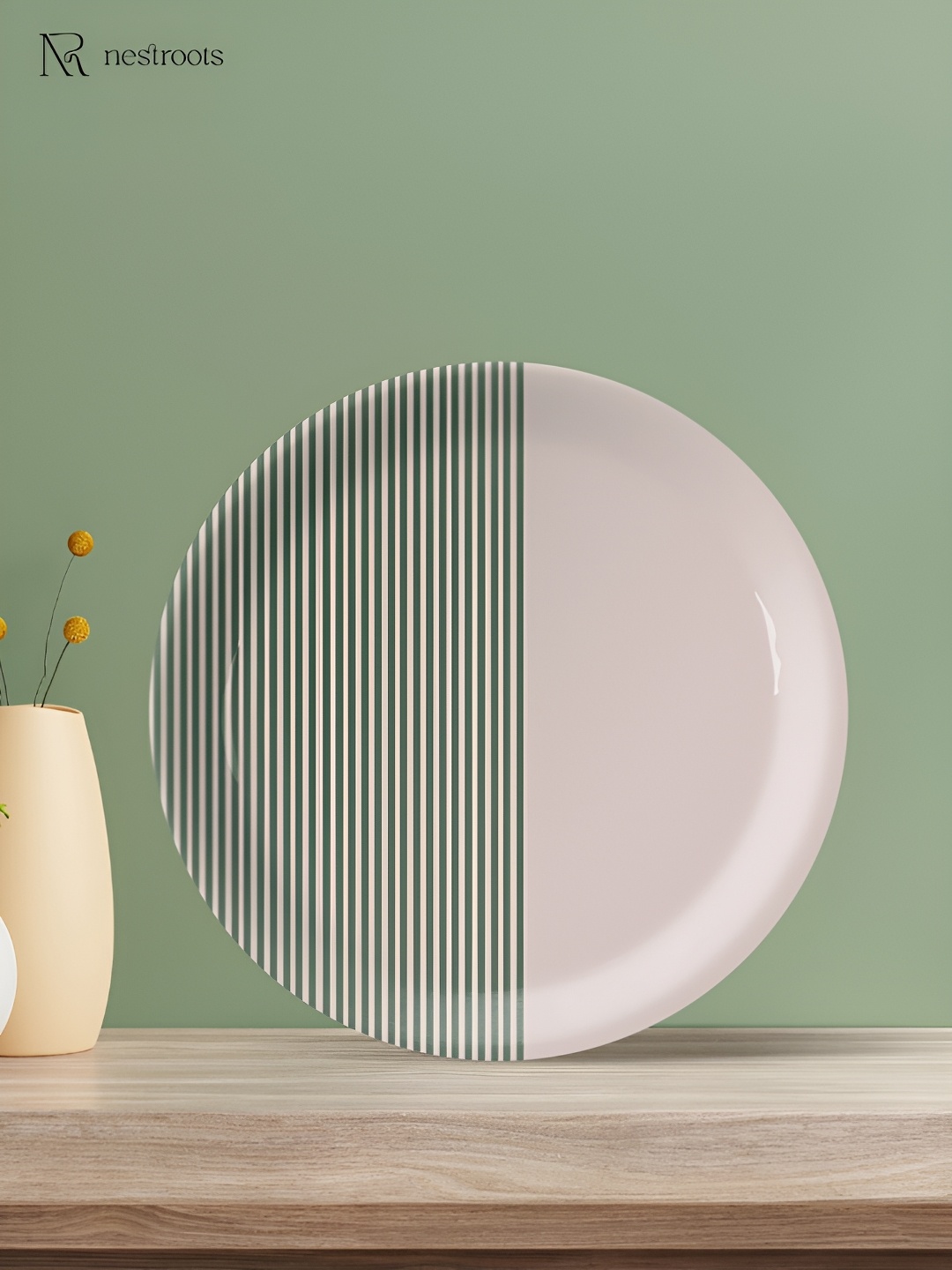 

nestroots White & Green Striped Ceramic Wall Plate