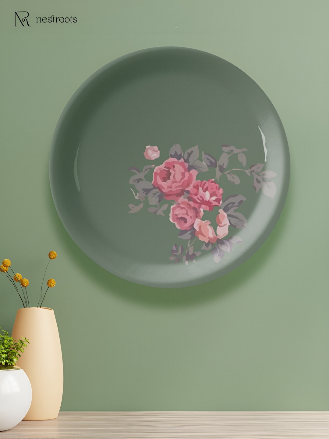 

nestroots Green & Pink Floral Printed Ceramic Round Wall Plate