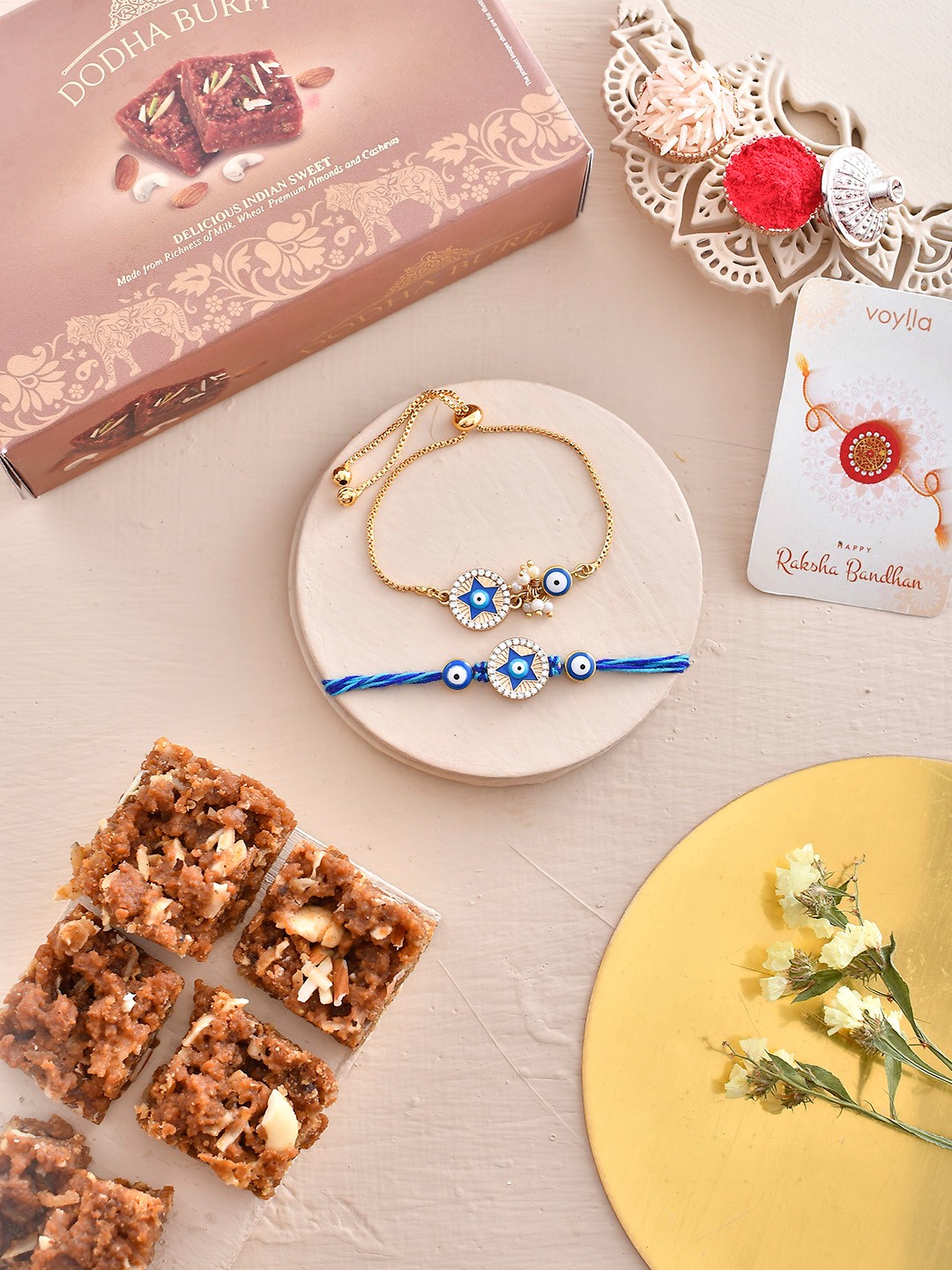 

Voylla Set Of 2 Bhaiya Bhabhi Rakhi With Doda Barfi- 200gm, Multi