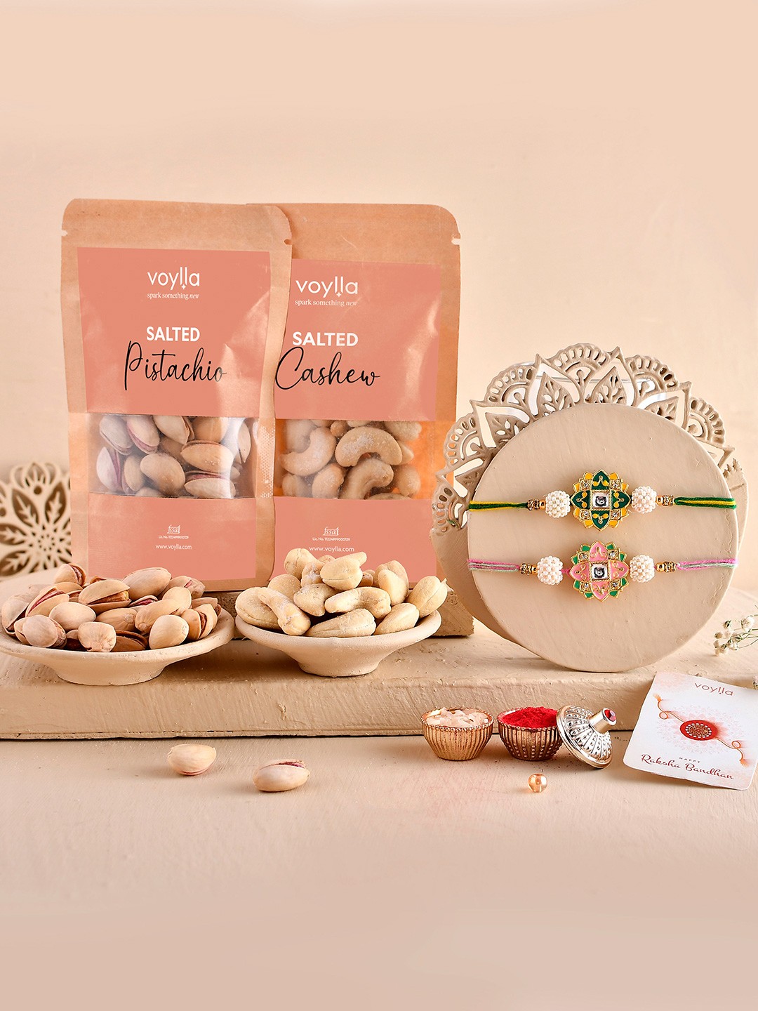 

Voylla Set Of 4 Rakhi With Dry Fruits & Roli Chawal Assorted Gift, Green