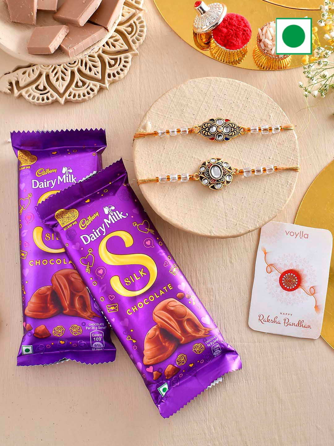 

Voylla Set Of 2 Rakhi With Chocolate, Gold