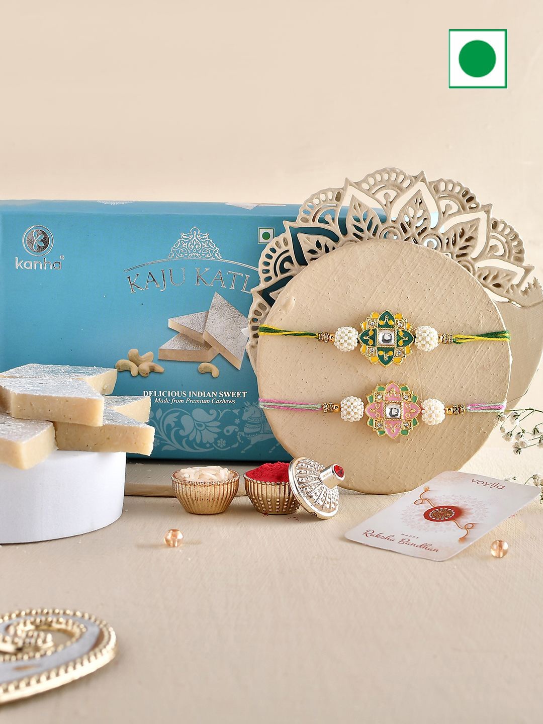 

Voylla 3-Pcs Rakhis With Kaju Katli, Pink